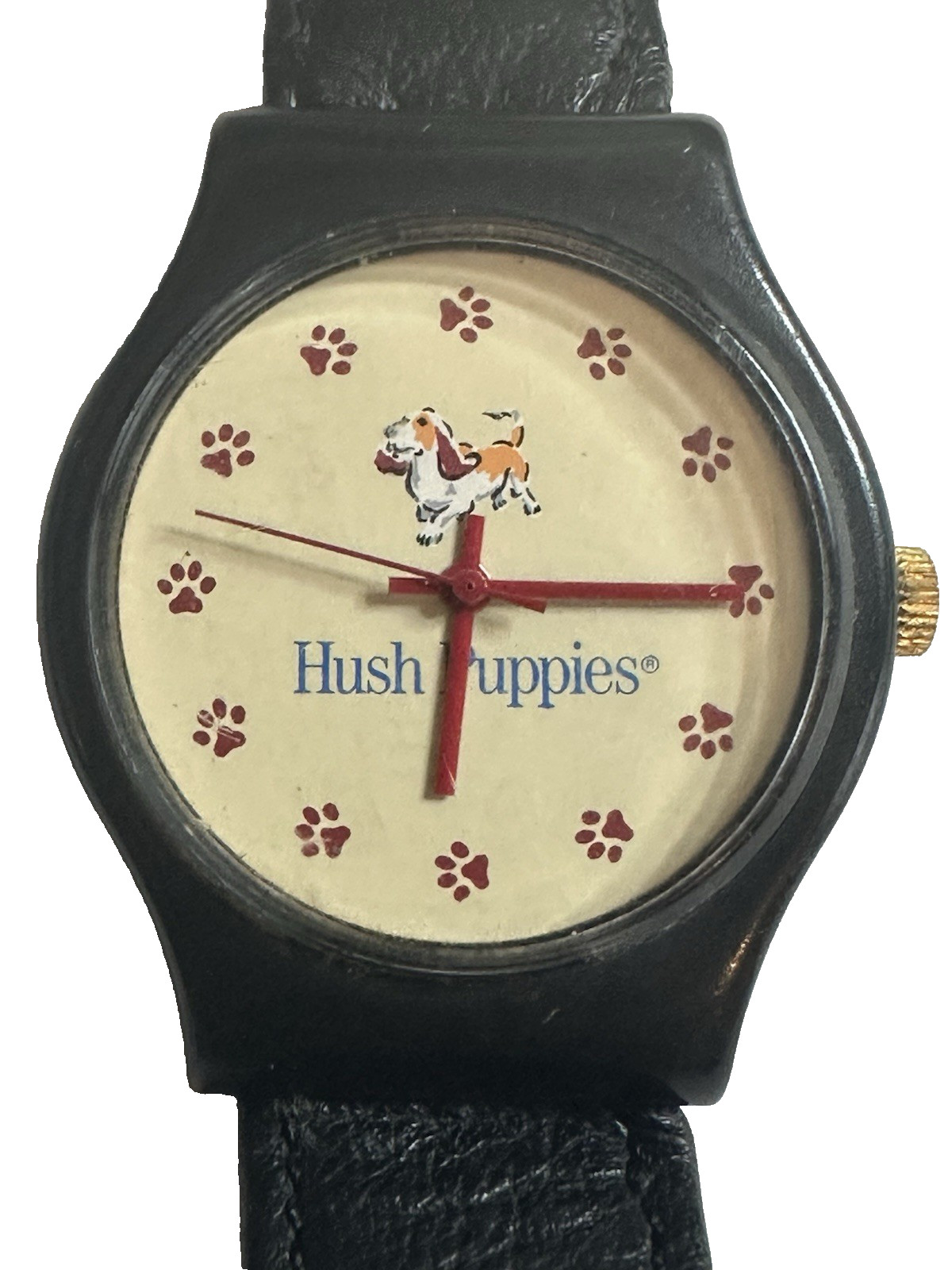 Hush Puppies Watch Vintage Rare Paw Hour Markers Dog Lovers Black Leather Strap