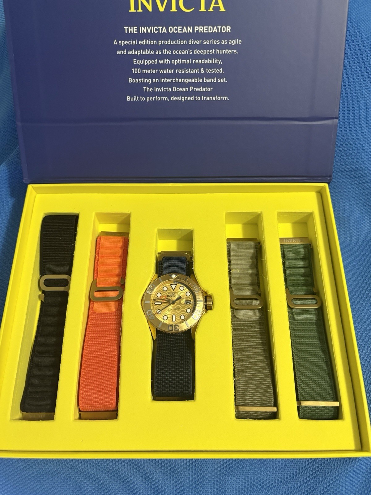 Invicta Ocean Predator Men’s Quartz Diver 100m Gold Dial Blue Nylon Strap Set