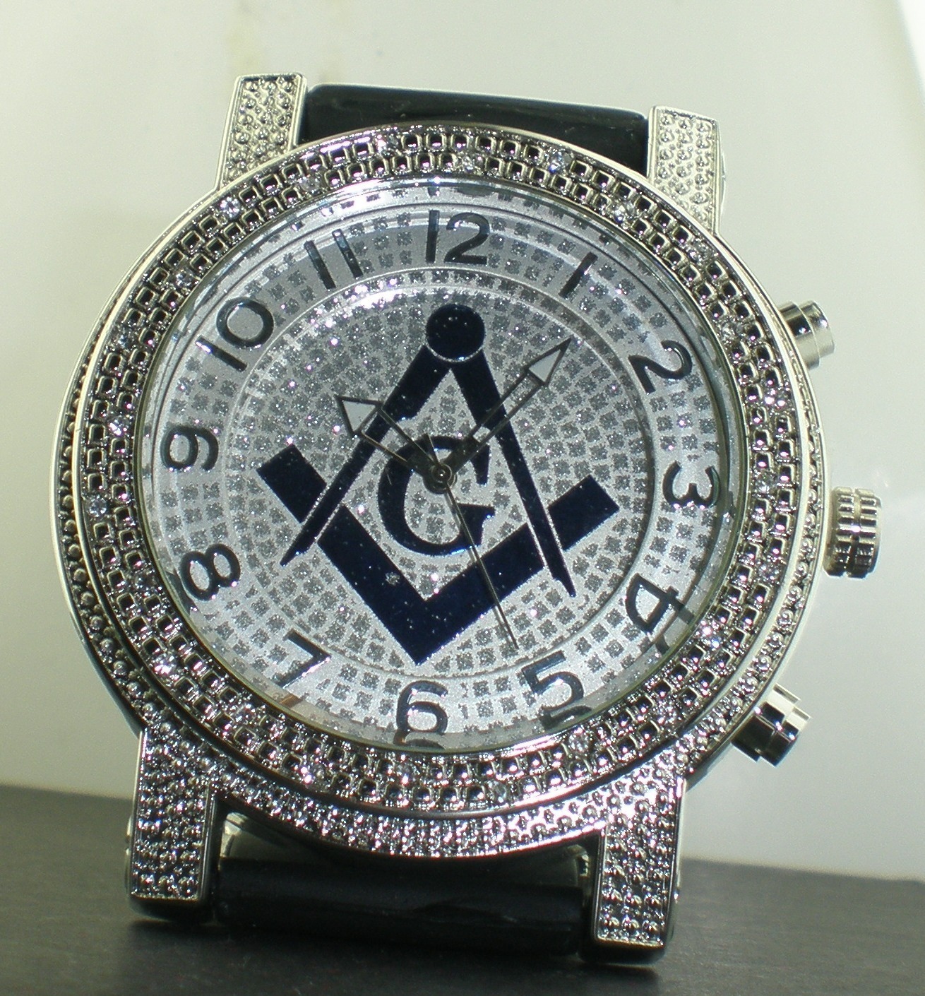 MASONIC MASON G SILVER DIAL WHITE FACE BLUE LOGO UNQ BLACK BULLET BAND WATCH