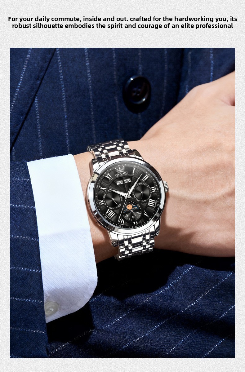 OLEVS Moon Phase Automatic Mechanical Men Watch Self-wind Skeleton Leather Band