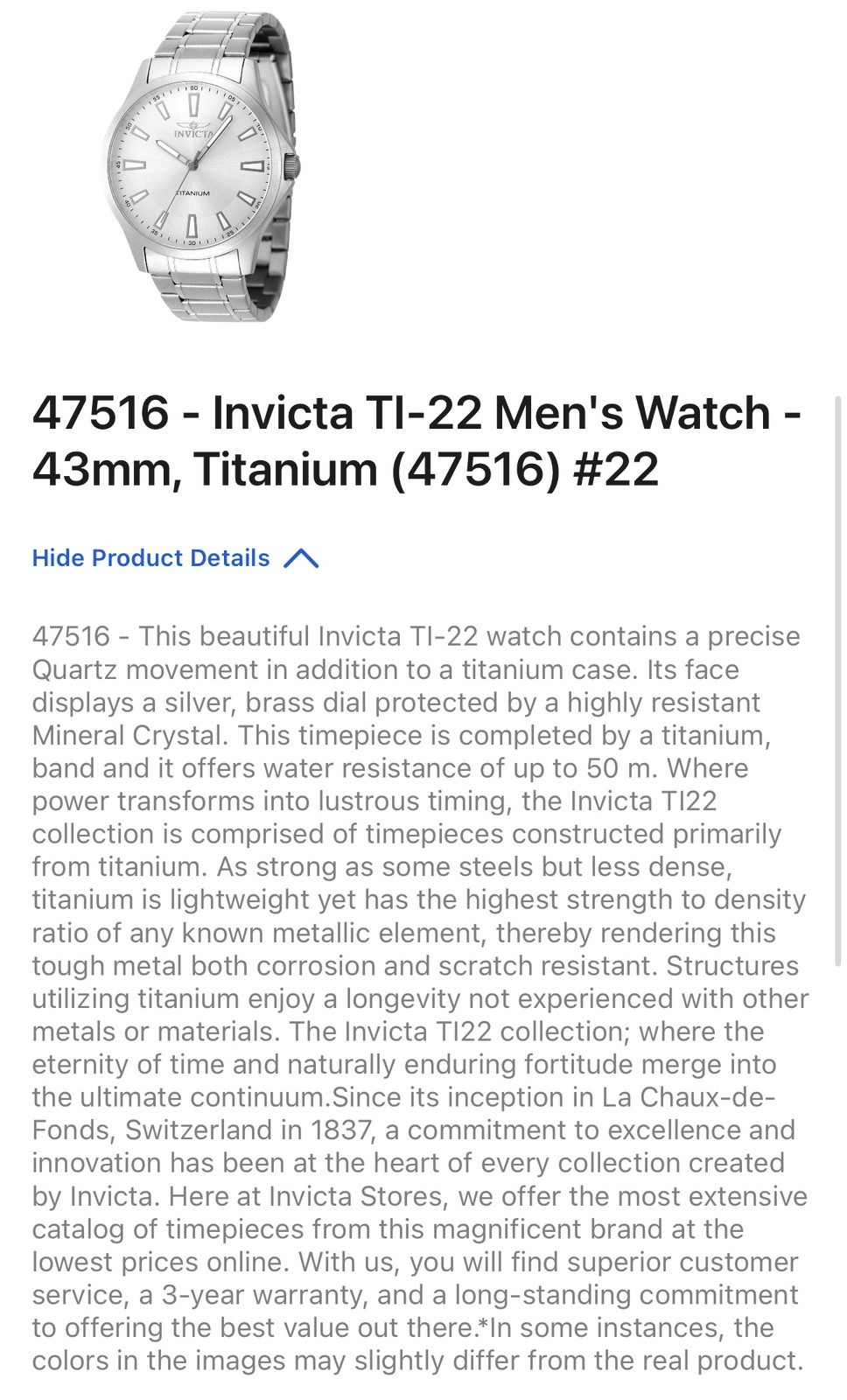 🔥TITANIUM Invicta TI-22 Men’s Watch – 43mm Model 47516 Silver Classic Style