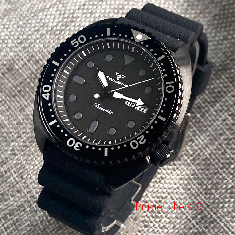 Tandorio NH36A Black PVD 45mm Automatic Men Watch Sapphire Glass Rubber Strap