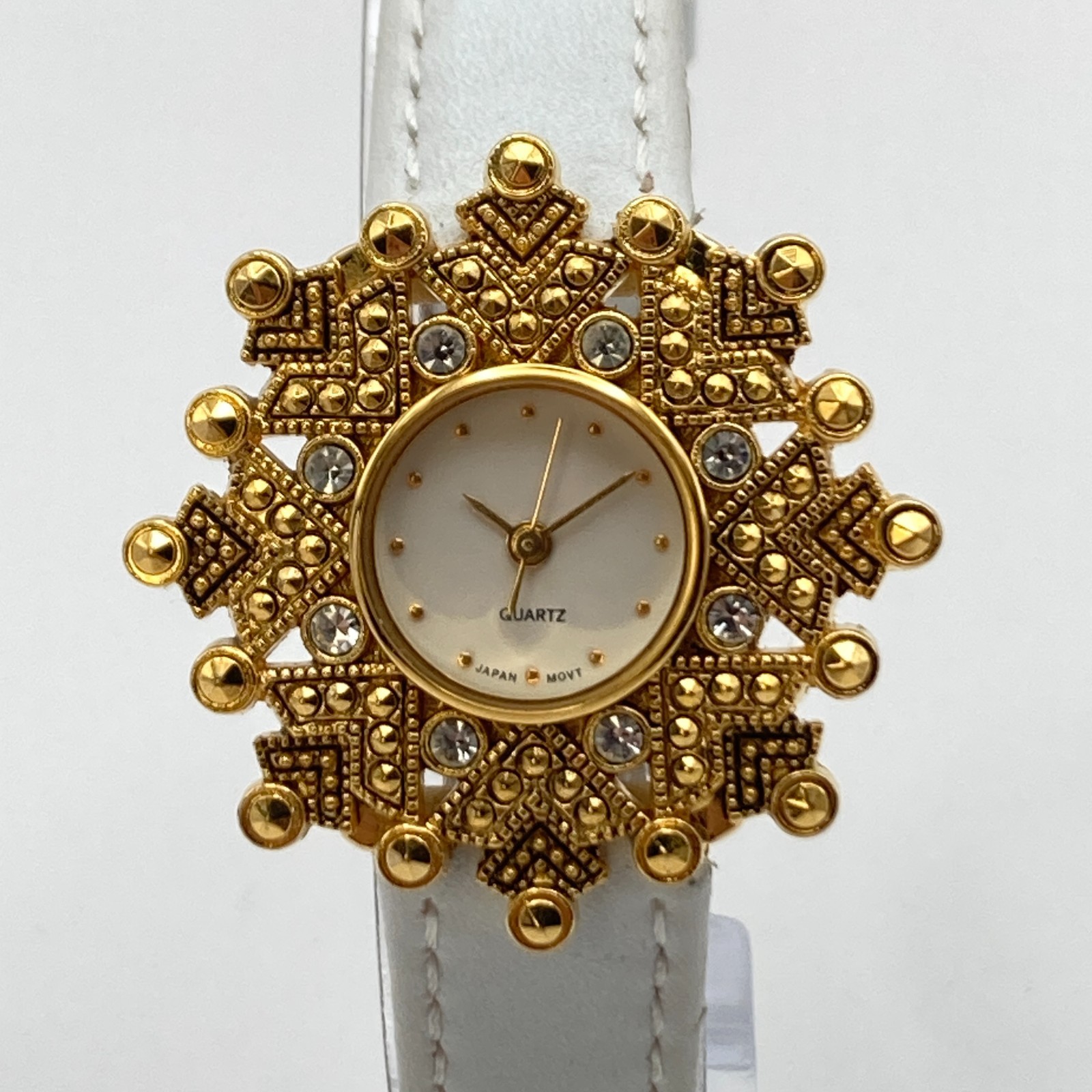 Avon Women’s Watch Gold Tone Crystals Bling 35mm White Leather New Battery 7.75″