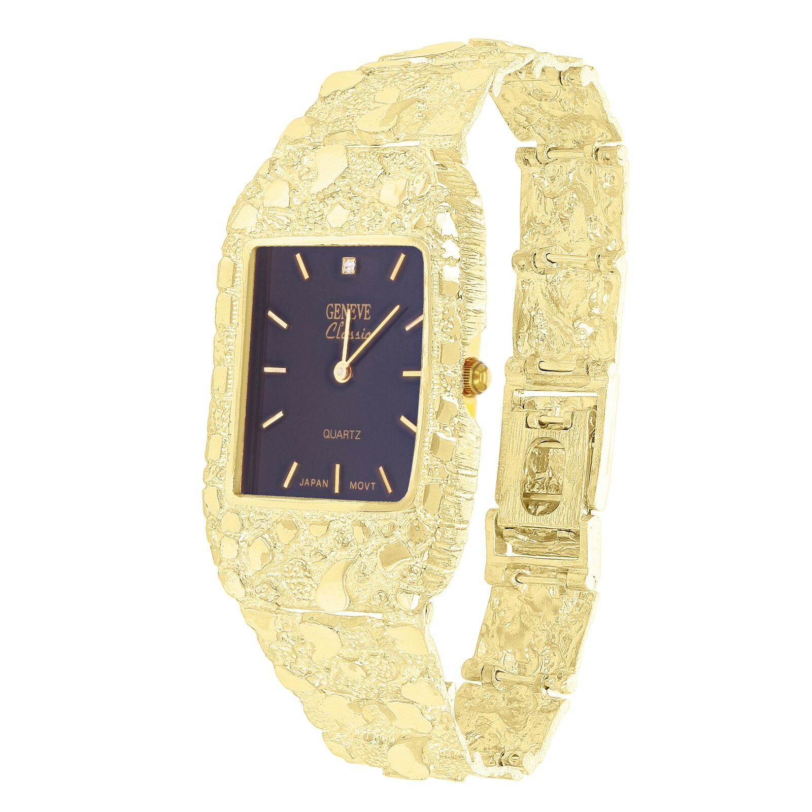 10k Yellow Gold Nugget Bracelet Link Wrist Watch Geneve with Diamond 7-7.5″ 45g