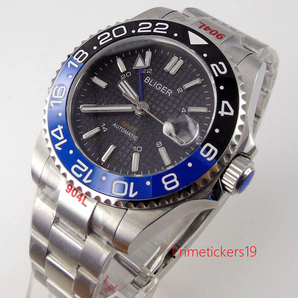 Bliger GMT Mingzhu3804 40mm Automatic Men Watch Grey/Black/White/Blue Grid Dial