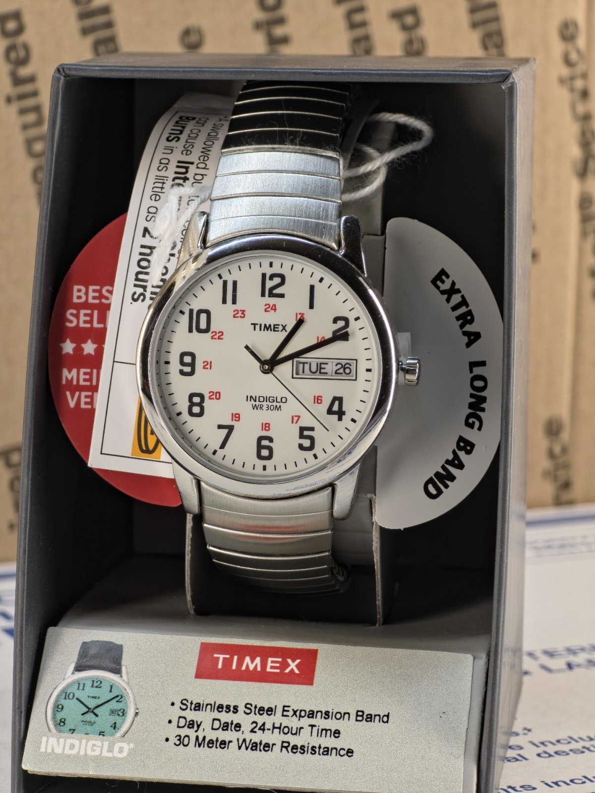 Timex T2N091, Men’s Easy Reader X- Long Expansion Band Watch, Indiglo, Date, NEW