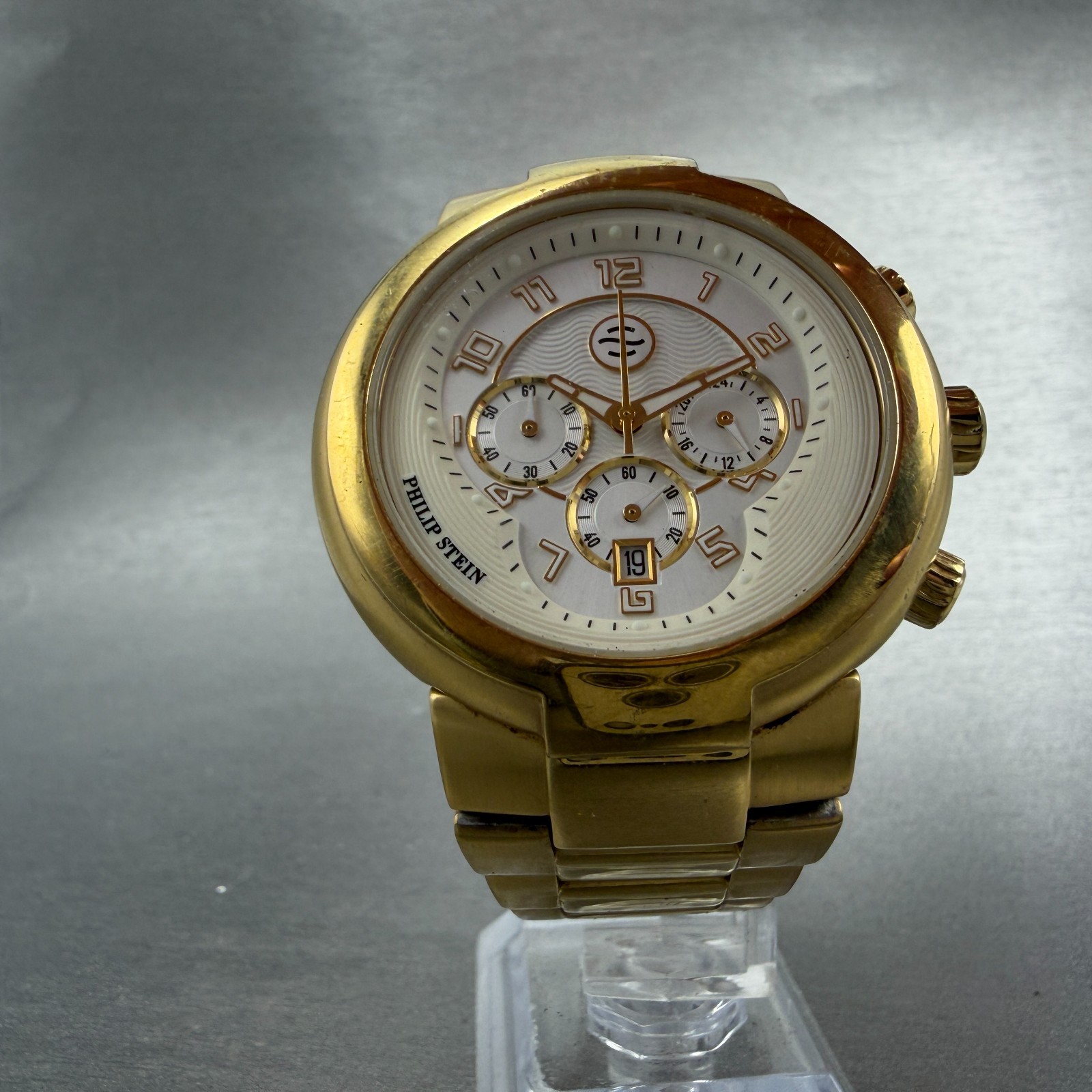 Philip Stein Active Chronograph Watch Men 45mm White Dial Gold Tone New Battery