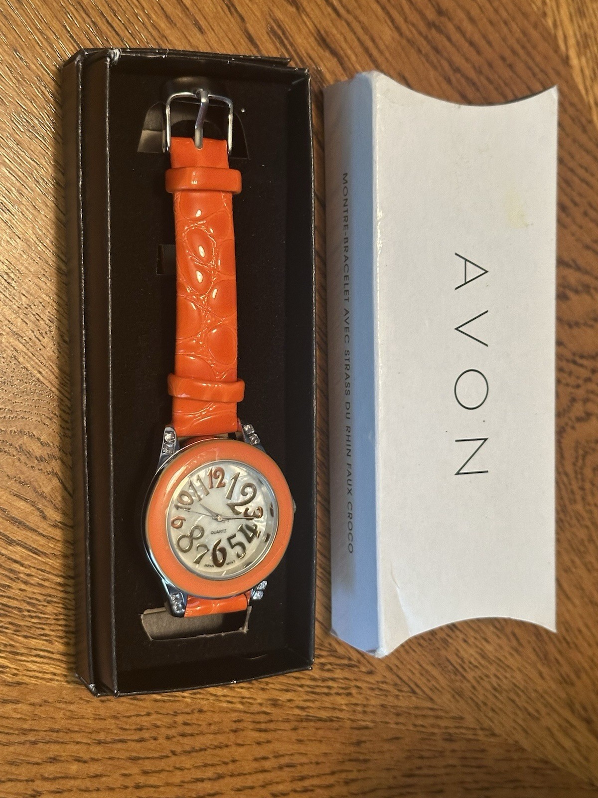 Vintage NOS New In Box Avon Orange Faux Crocodile Strap Watch With Rhinestones