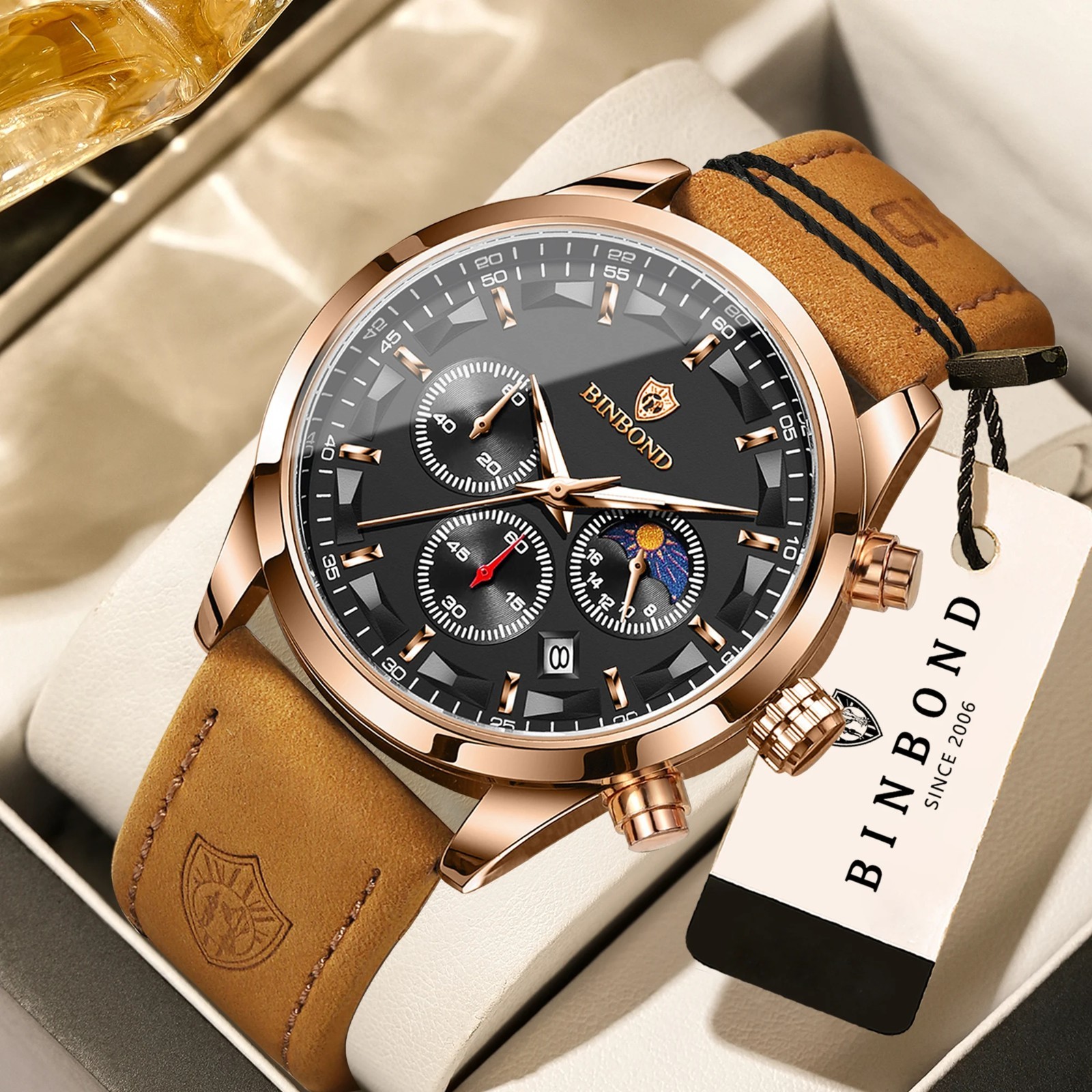BINBOND luminous waterproof accurate sturdy luxury quartz wristwatches for men