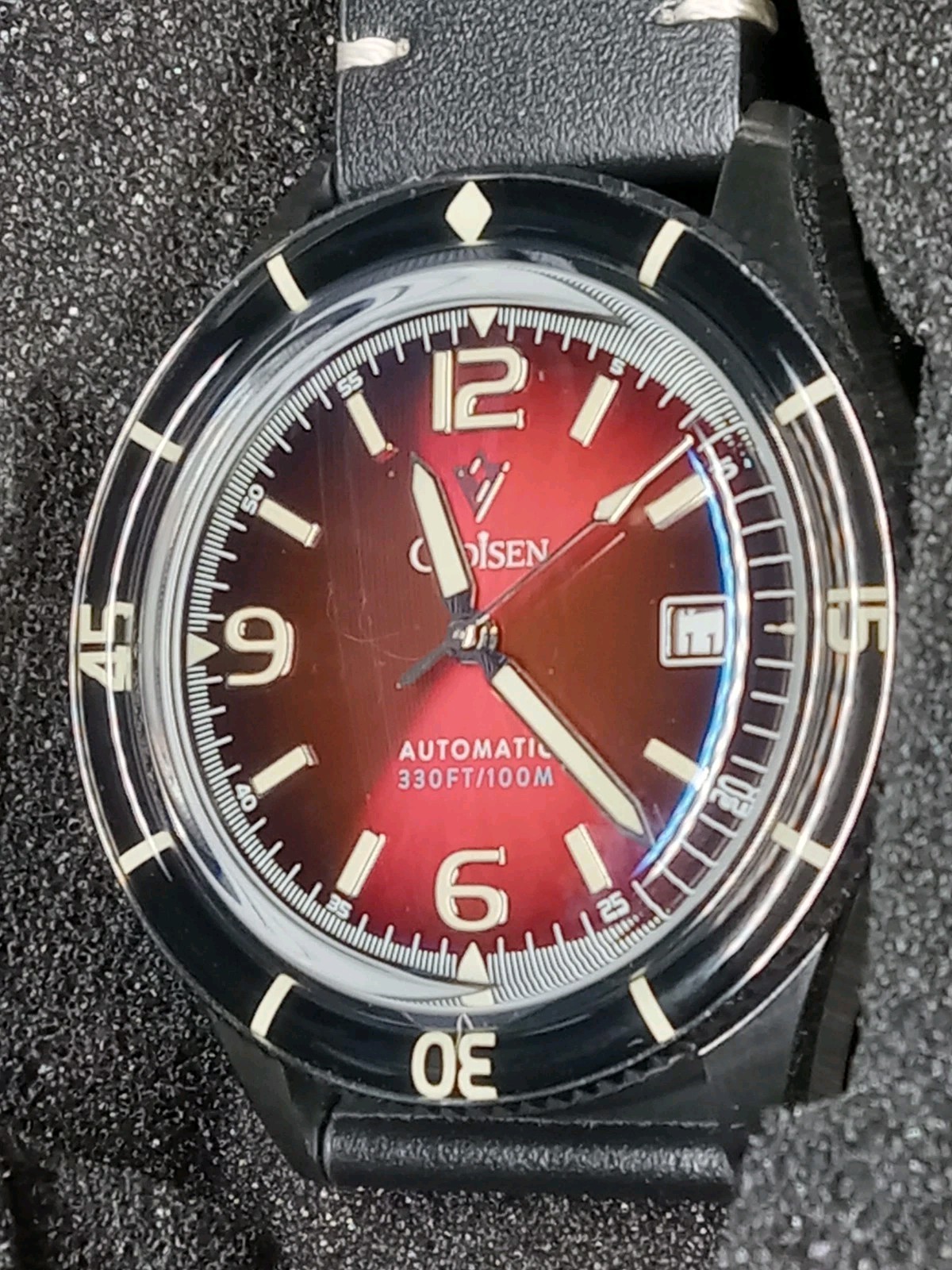 CADISEN Automatic Miyota Genuine Leather 100M Red Dial Luminous Men Watch
