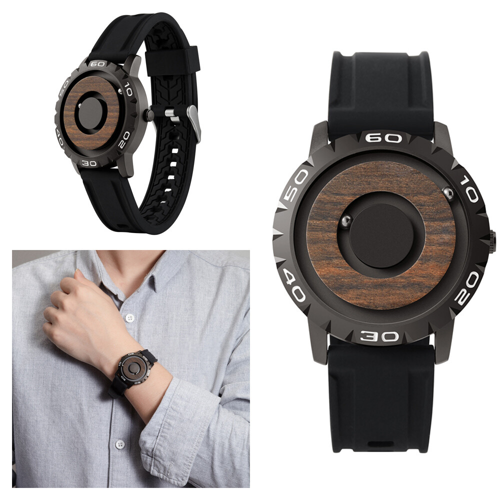 New Magnetic Wooden Quartz Wrist Watch No Pointer Sports Rubber Waterproof Strap