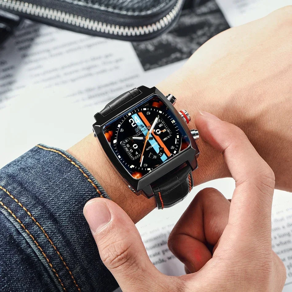 Automatic Watches for Men Mechanical Genuine Leather Stainless Steel Black Orang