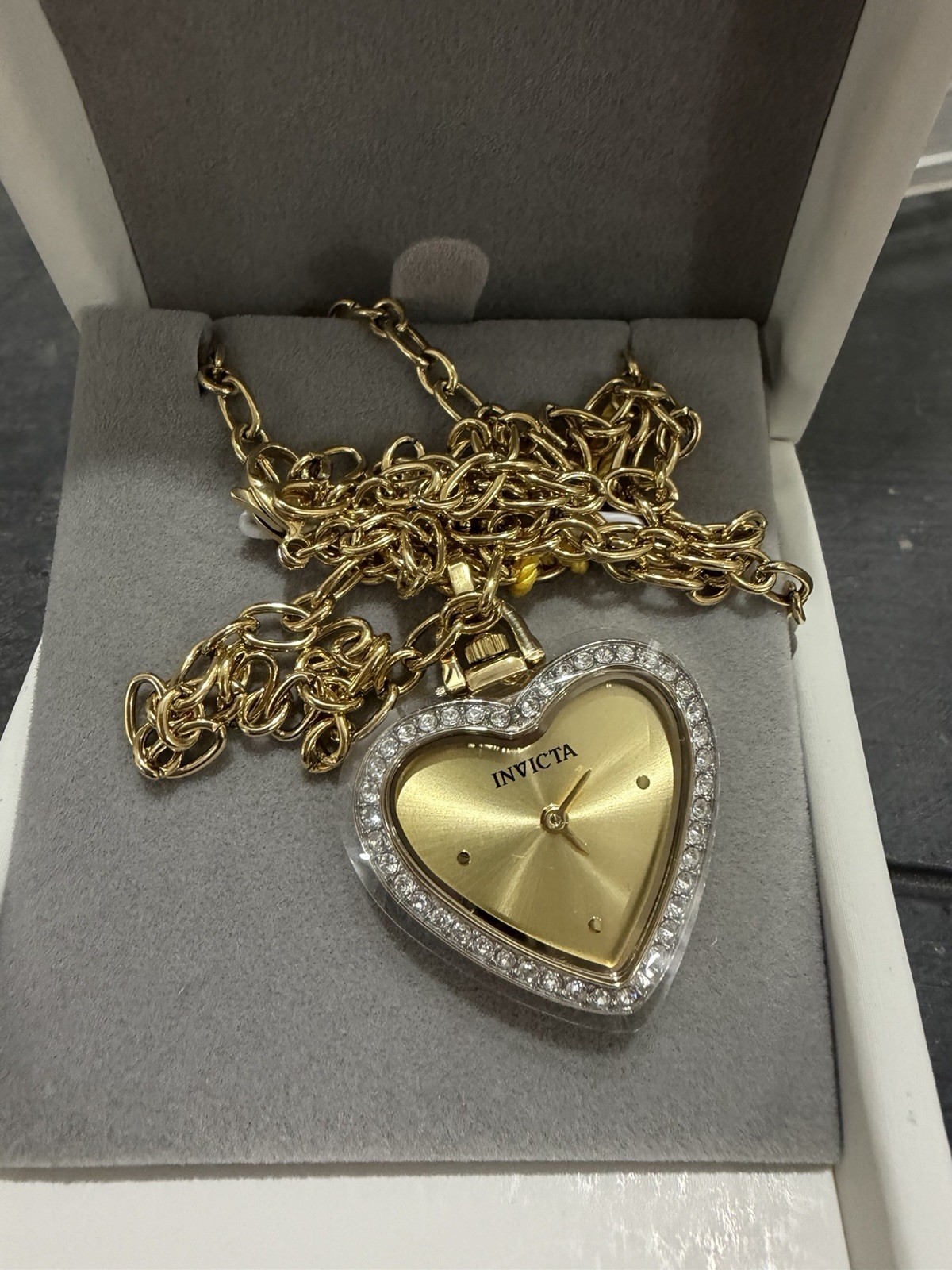 Invicta Angel Women’s Quartz Analog Watch Heart Necklace Gold Dial Box