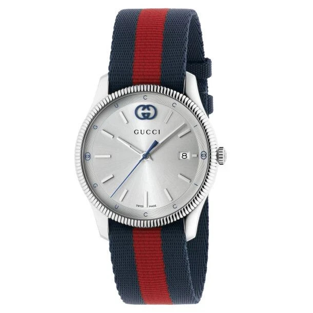 Gucci G-Timeless SWISS Quartz Silver Dial Blue Red Nylon Strap Watch YA1264237