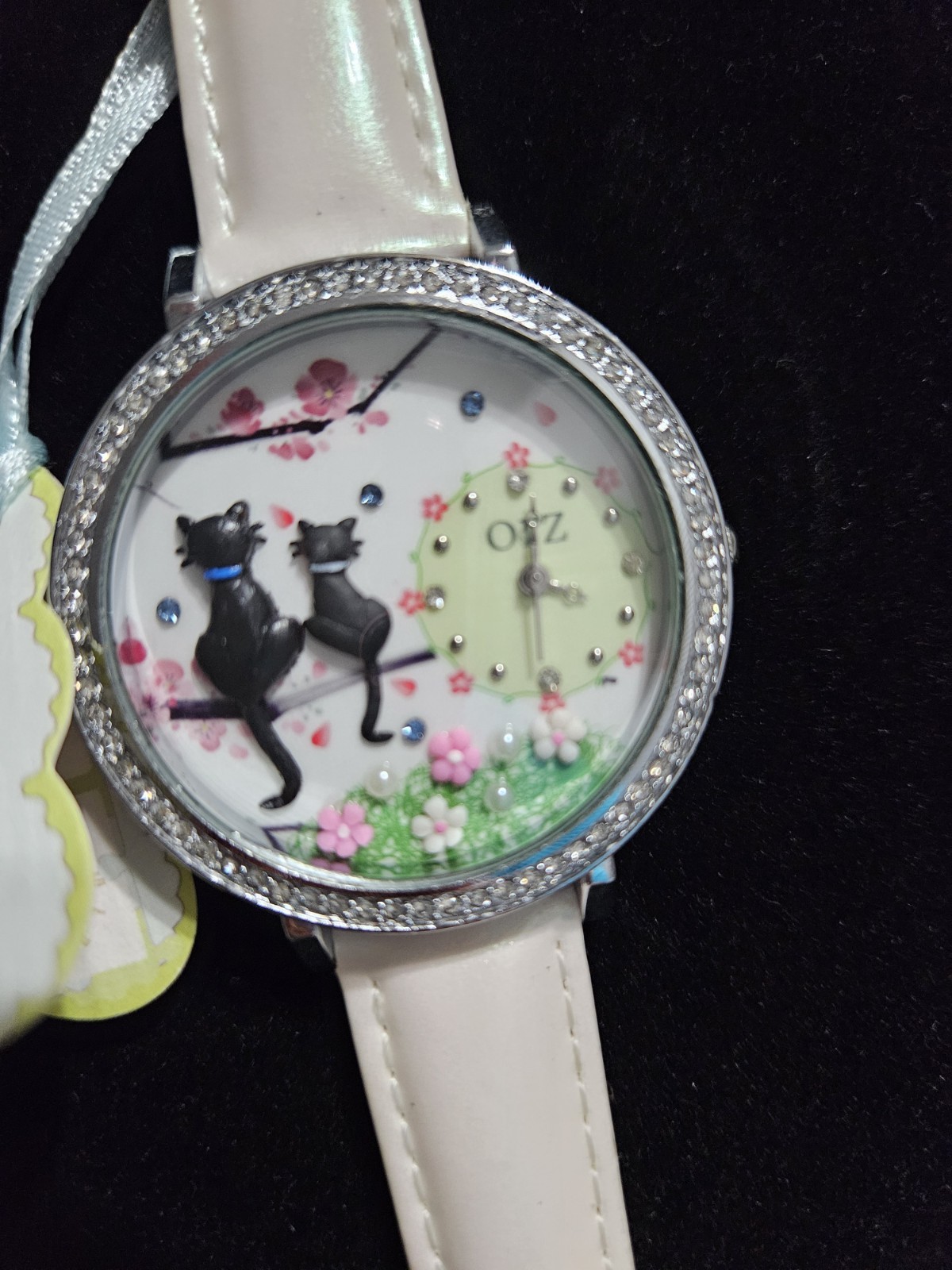 ORZMini Korea Polymer Clay 3D Wristwatch Black Cats Crystals Around Silver Dial