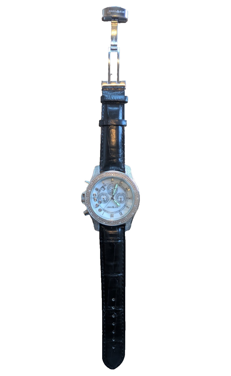 Ice Time Diamond Watch With Genuine Leather Band Floating Diamonds Pre-Owned