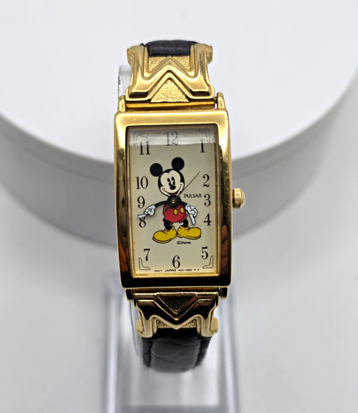 Pulsar Disney Mickey Mouse Gold Tone Rectangle Quartz Watch Black Leather Strap