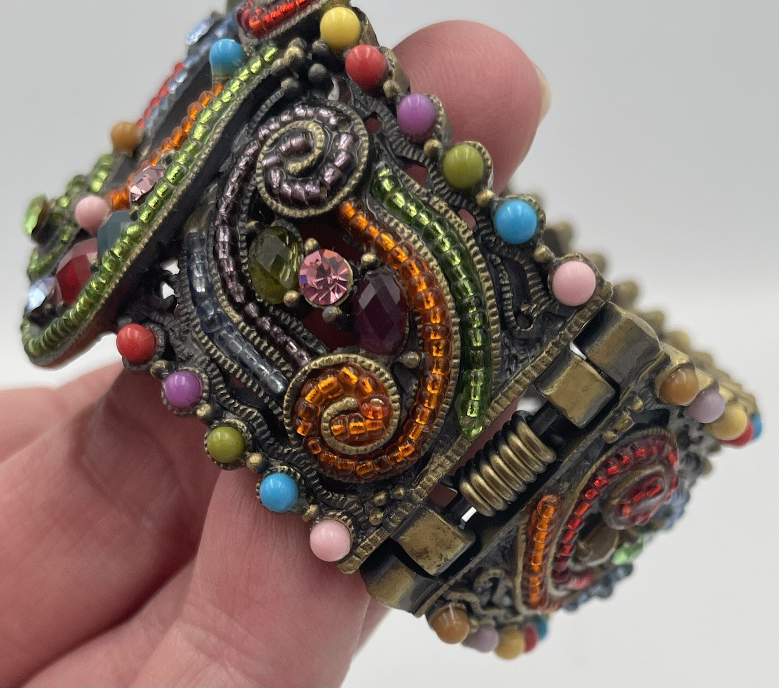 Narmi Quartz Beaded Hinge Bracelet Watch Brass Tone Multicolor Jewel New Battery