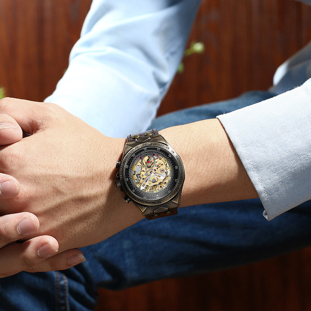 Luxury Men’s Automatic Mechanical Wrist Watch Leather Strap Retro Skeleton Dial