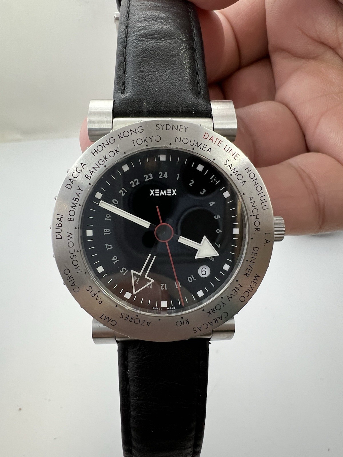 XEMEX World timer Automatic SS Watch with black leather band. Swiss Made