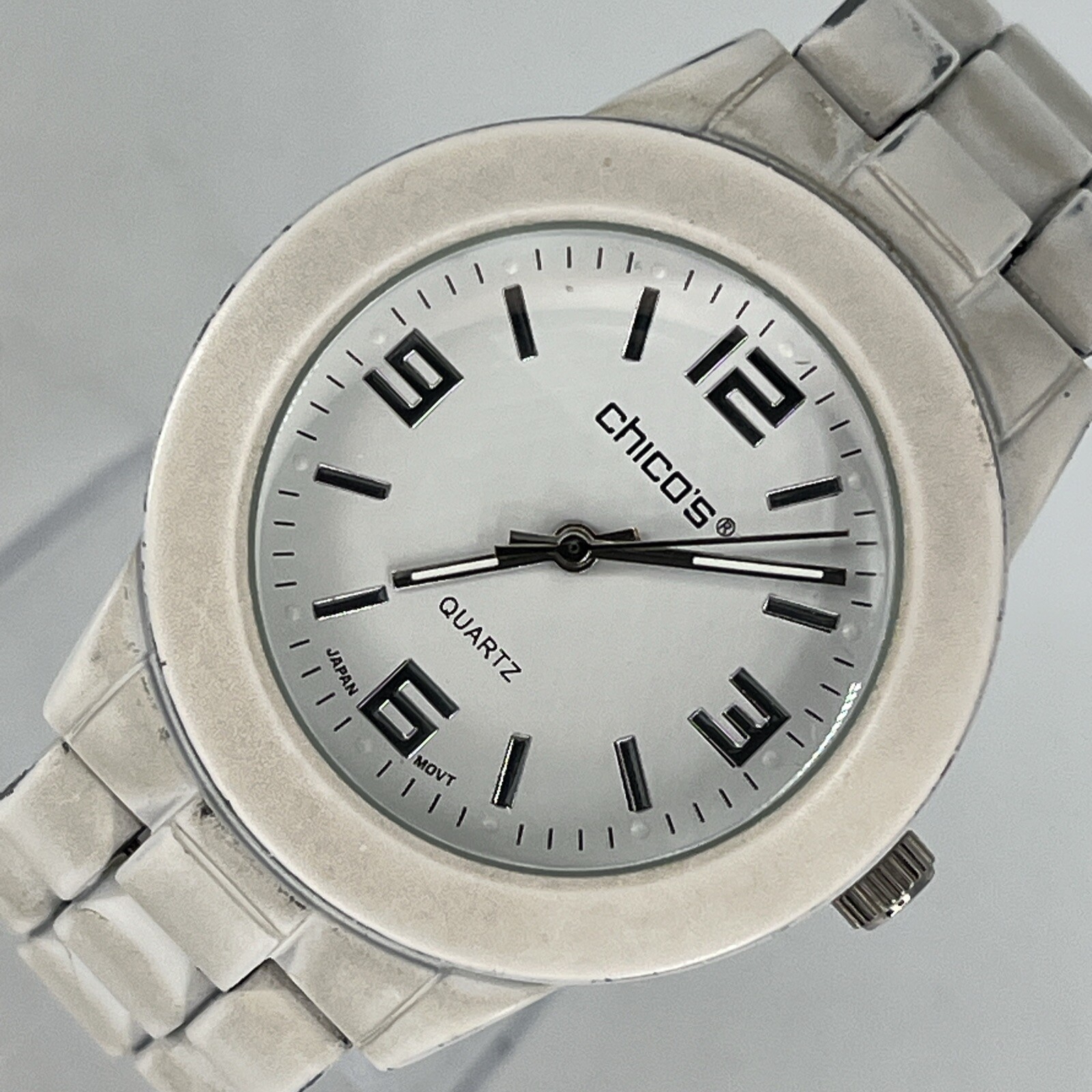 Vintage Chicos Women’s Watch White Tone Dial & Band Jewelry Clasp NEW BATTERY