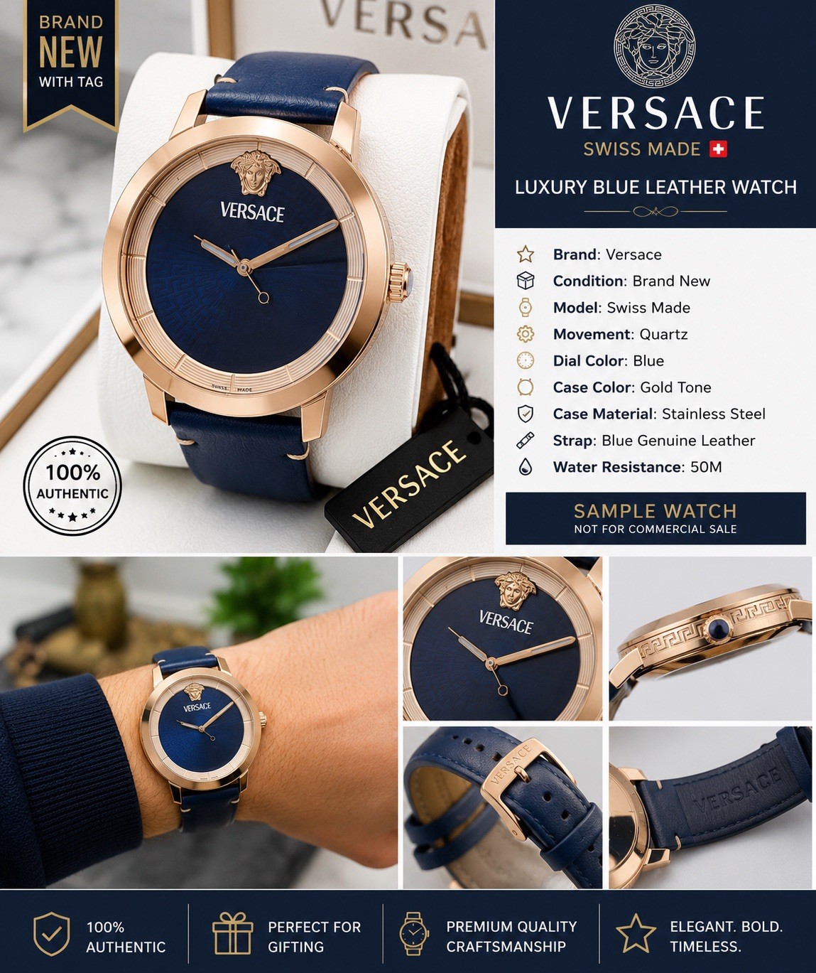 Versace Men’s Swiss Made Quartz Blue Dial Blue Leather Strap Gold Case 38mm
