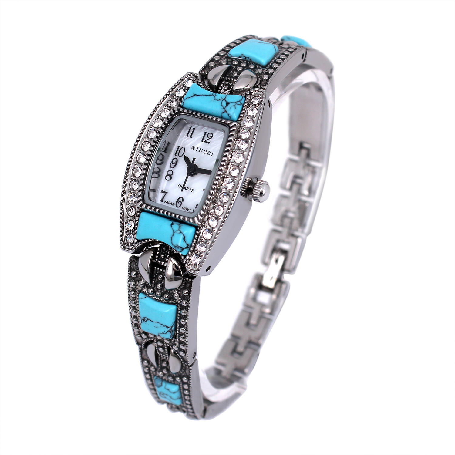 Blekon Collections Ladies Square Face Rhinestone Turquoise Linked Band Watch