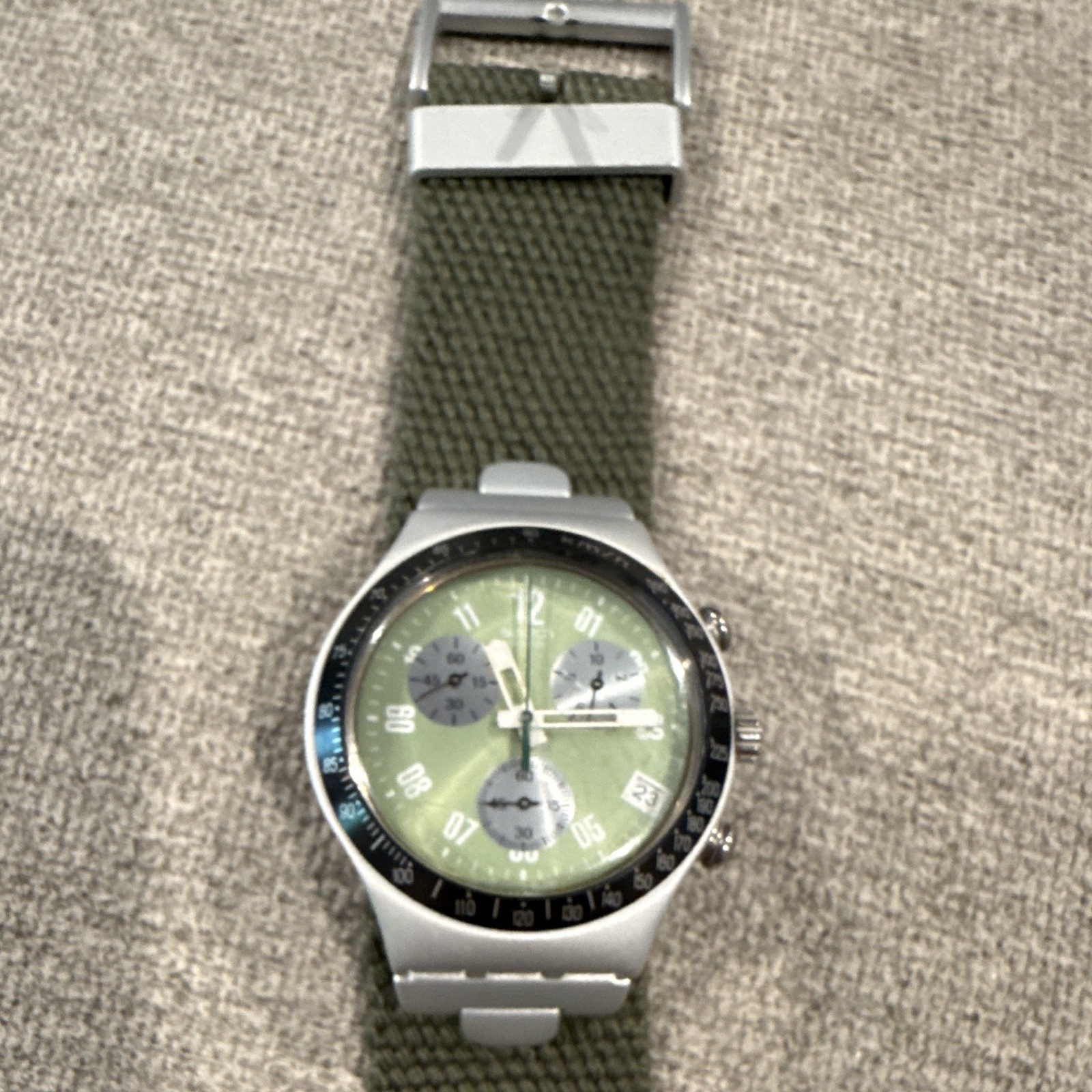 Swatch Irony Quartz Chronograph Date Green Dial Black Tachy Bezel 40mm WR30m