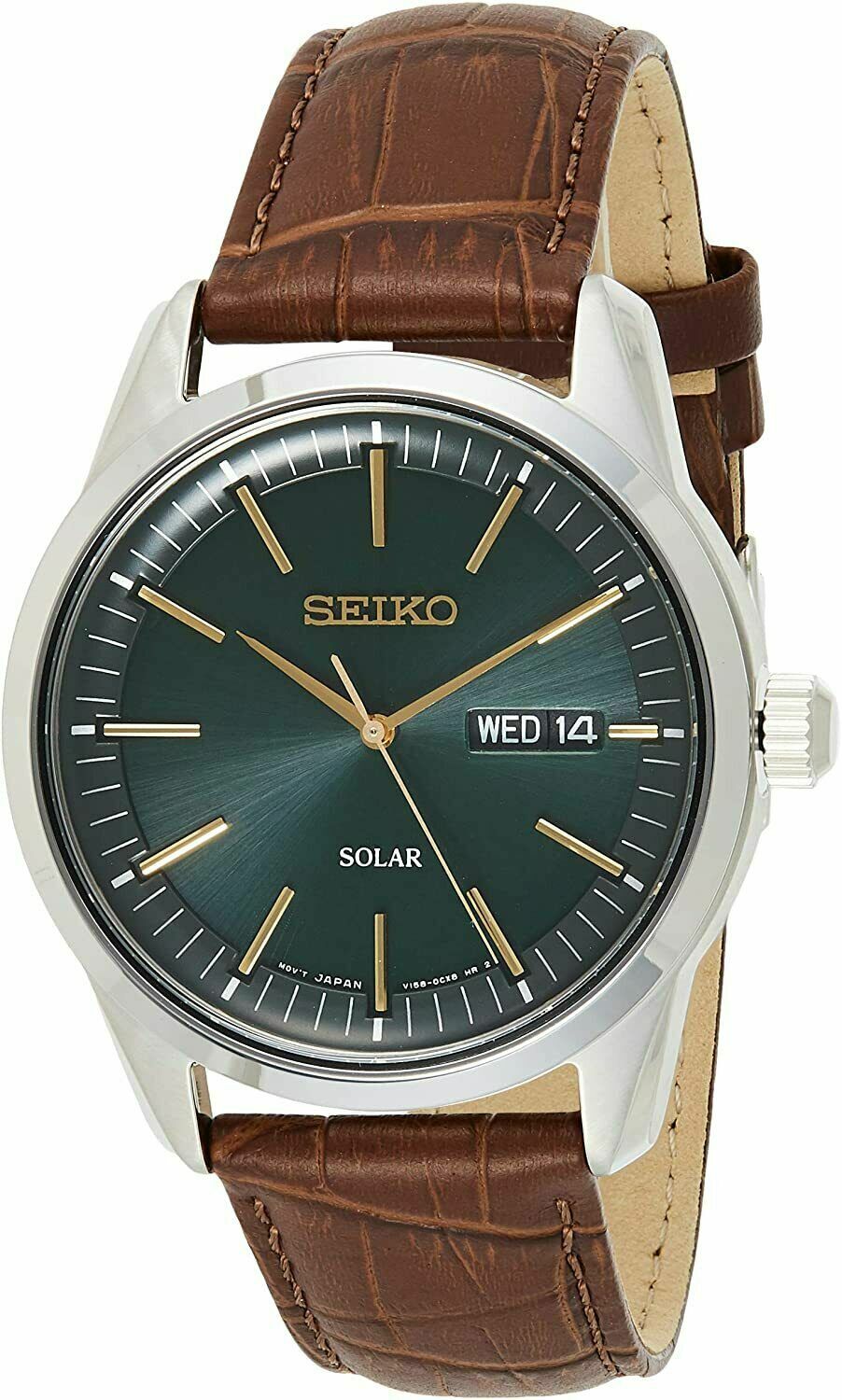 SEIKO SNE529 Dark Green Sunray Dial Solar Powered Leather Strap Men’s Watch