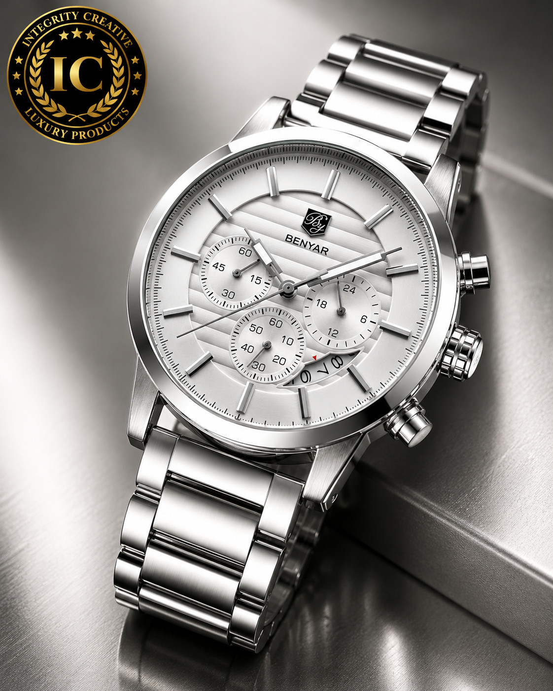 Men’s Classy Business Watch Chronograph Waterproof White Dial Sport Wristwatch