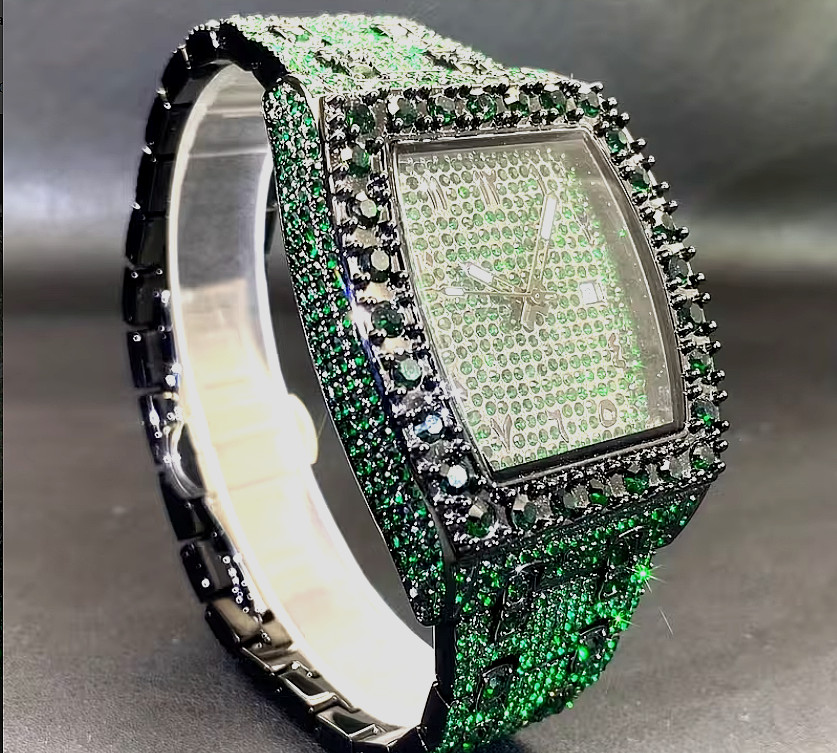 Luxurious Hip-Hop Green Rhinestone Watch | Unisex Square Diamond Watch