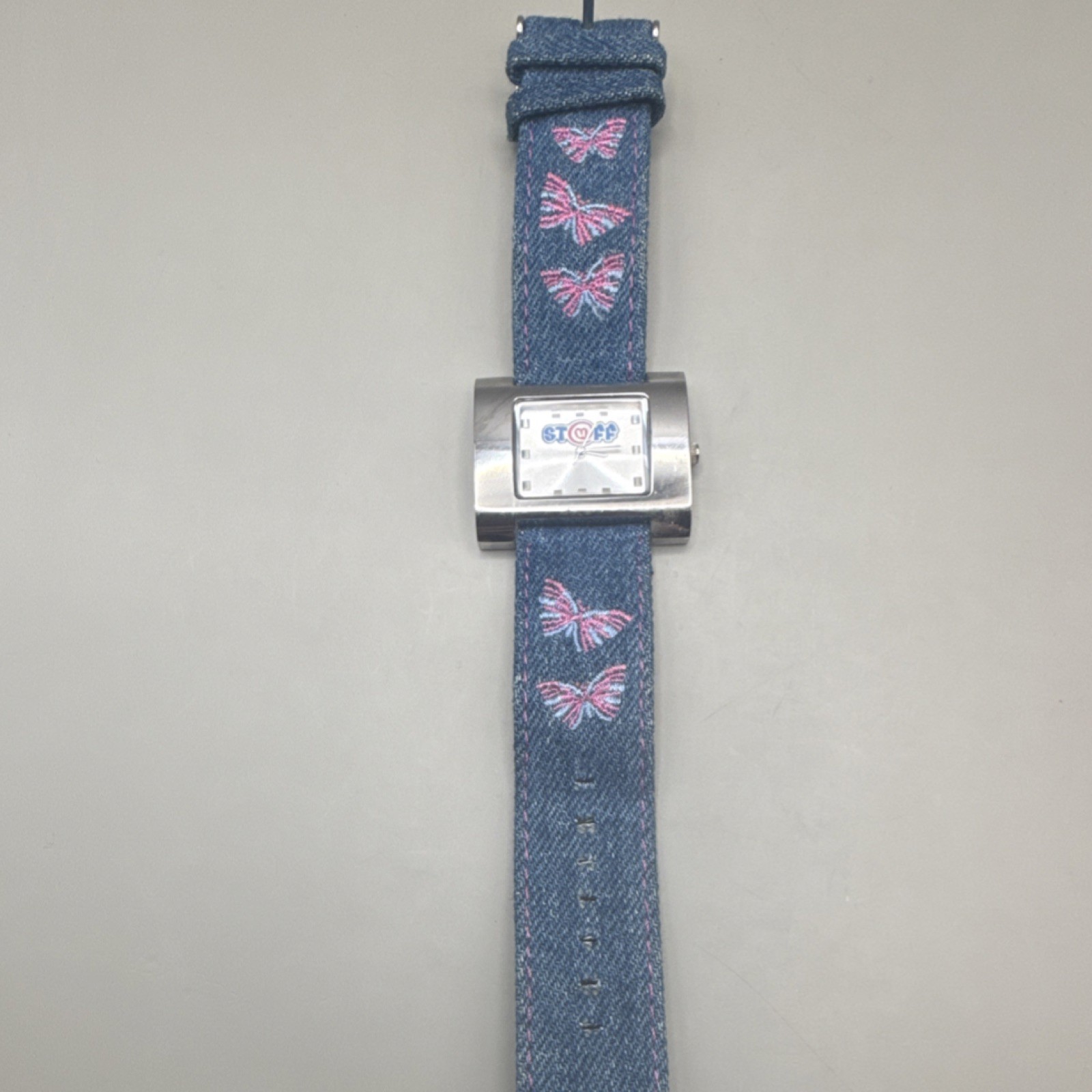 ST@FF Denim Band Butterfly Theme Analog Wristwatch Silver Rectangle Dial