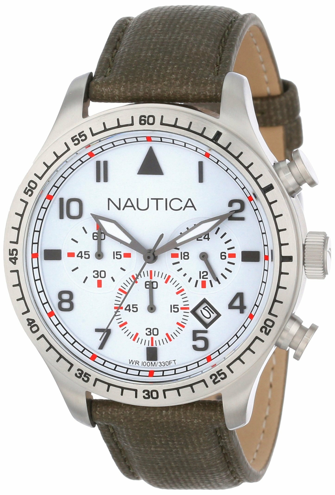 Nautica Men’s White Dial Red Accents Chronograph Watch Olive Resin Leather Strap