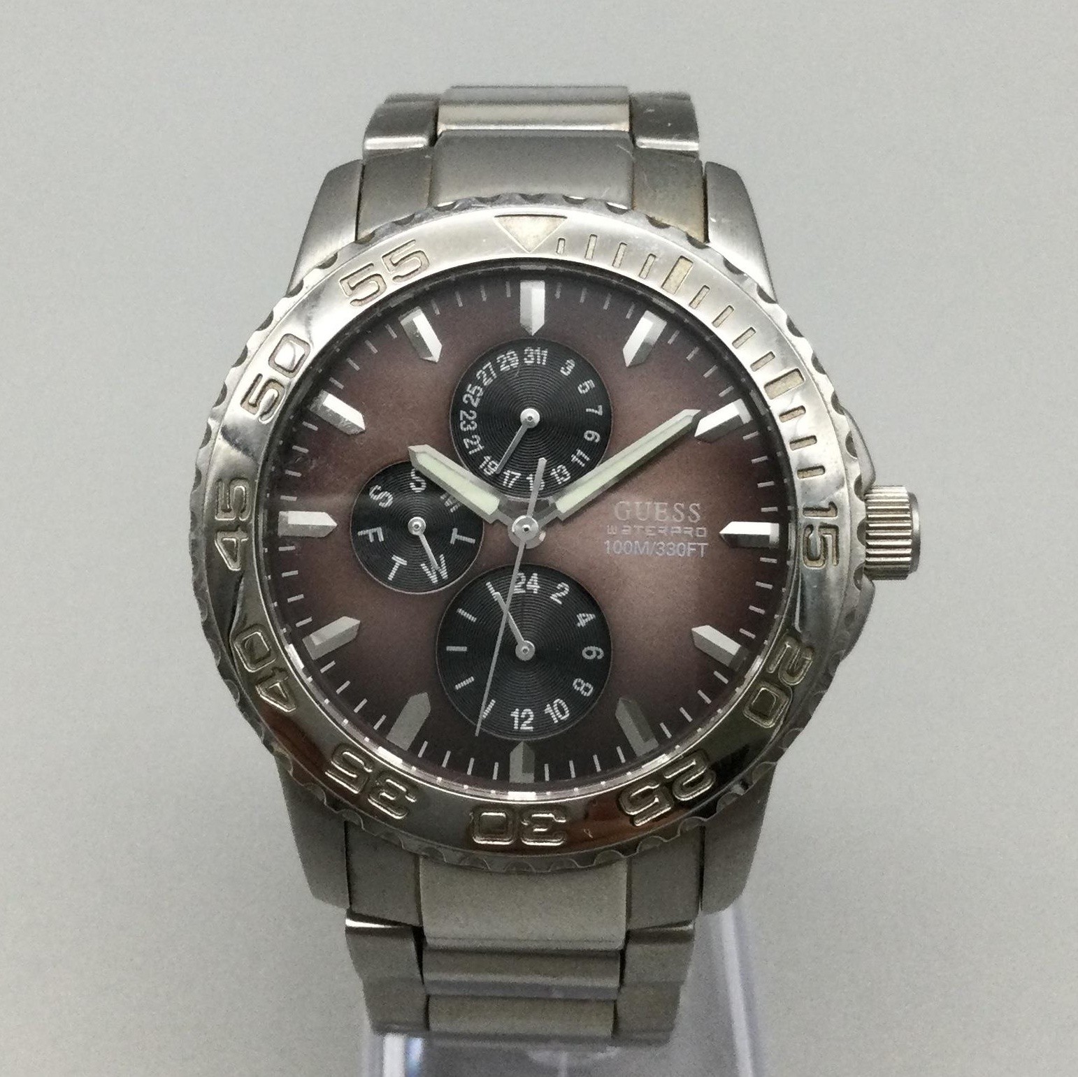 Guess Waterpro Mens Watch 42mm Brown Dial Stainless Steel 100M Day Date 7.25″