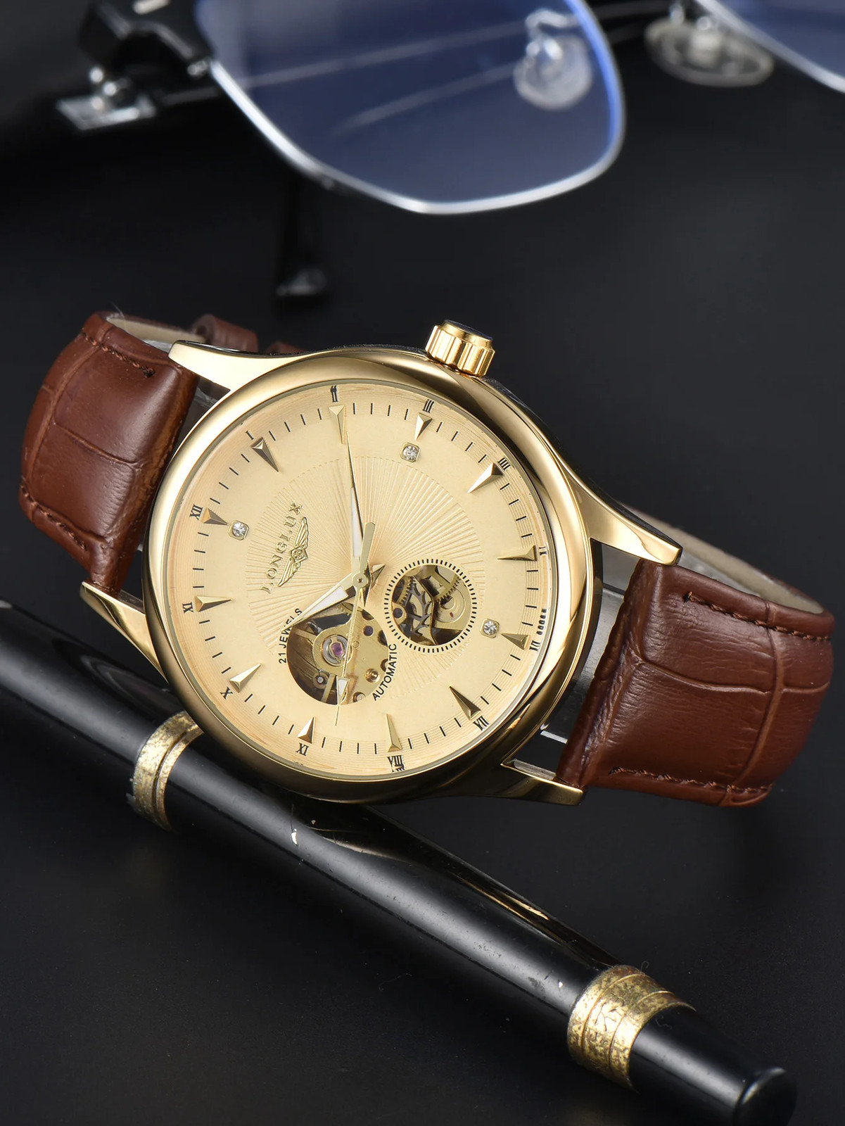 LONGLUX Men’s Automatic Skeleton Watch Roman Numerals Leather Waterproof