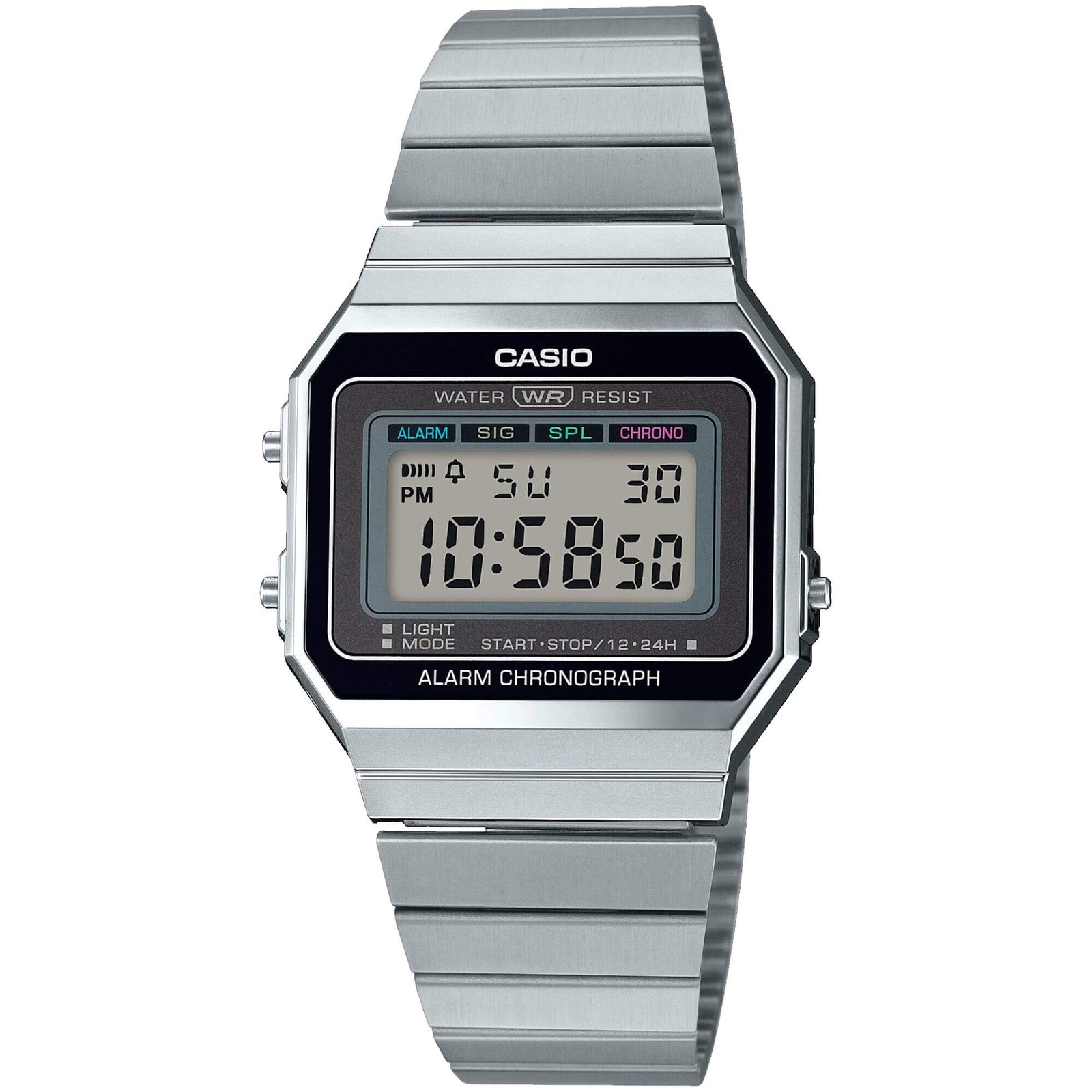 Casio Men’s Watch Chronograph Grey Digital Dial Silver Steel Bracelet A-700W-1A