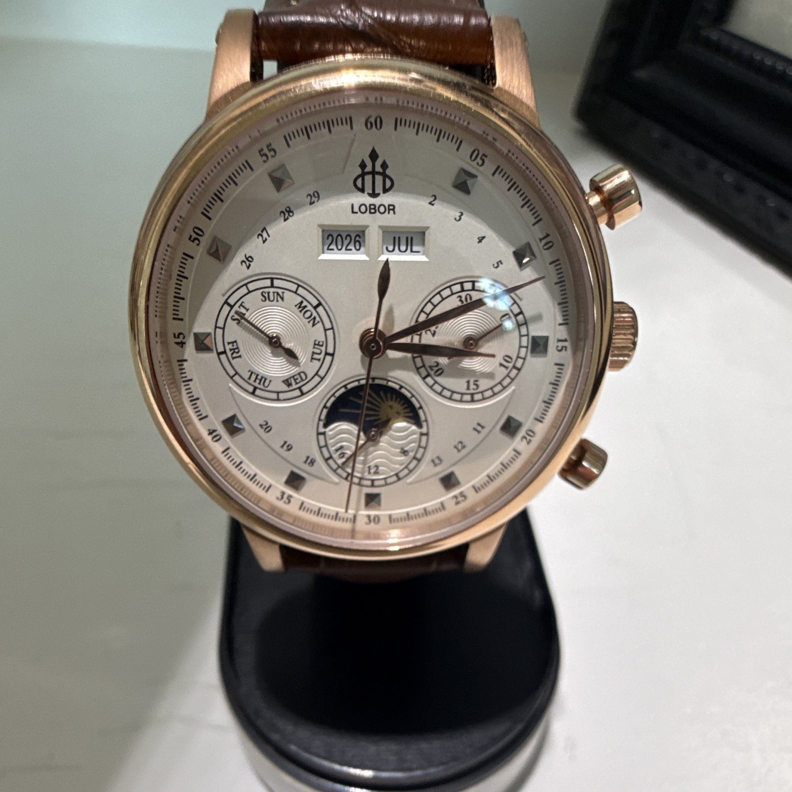 LOBOR Automatic Day/Date Moon Phase Silver Dial Rose Gold Case 40mm Leather