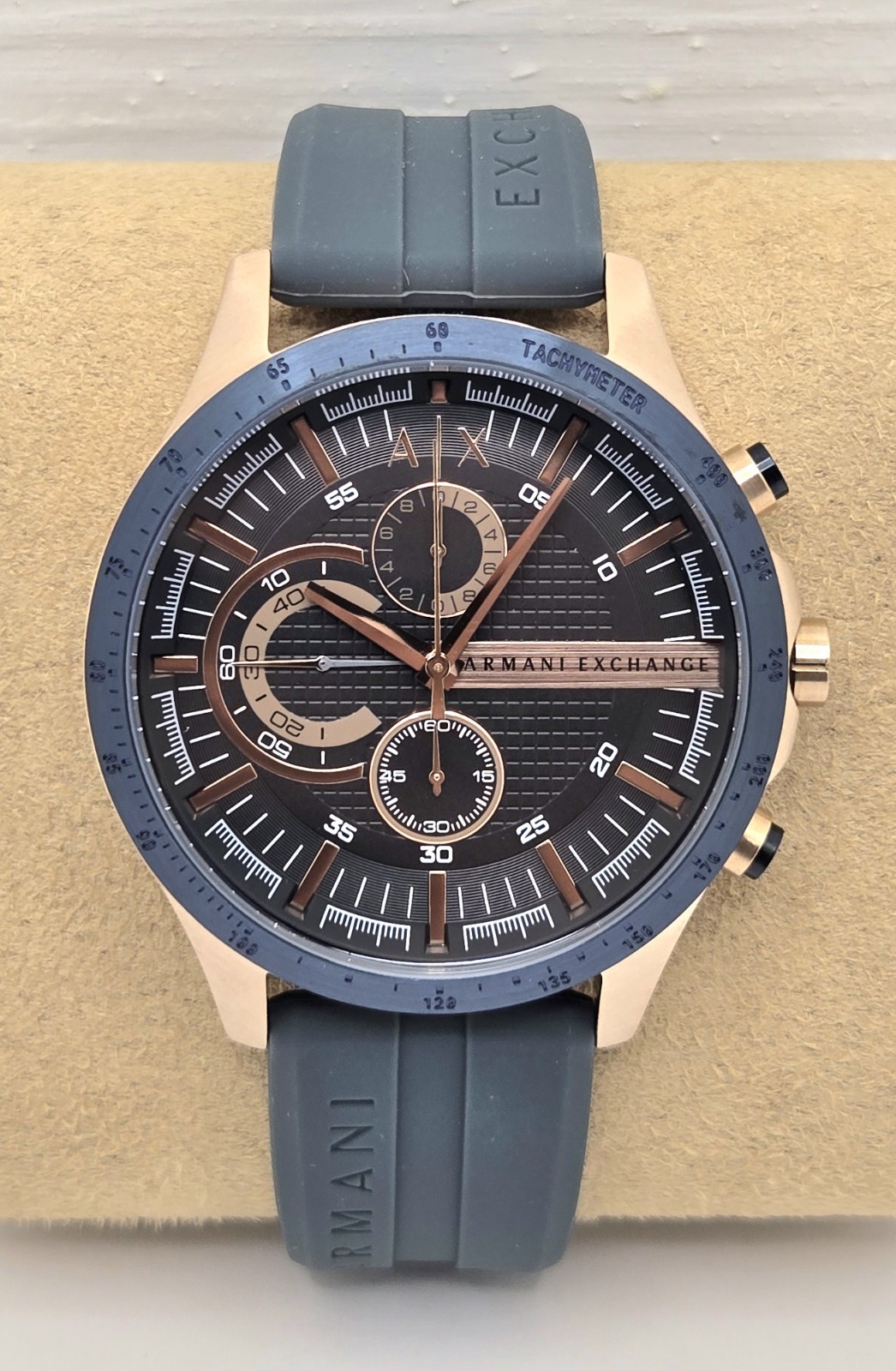 A/X Armani Exchange AX2440 Chronograph Blue Silicone Rose Gold Accent Mens Watch