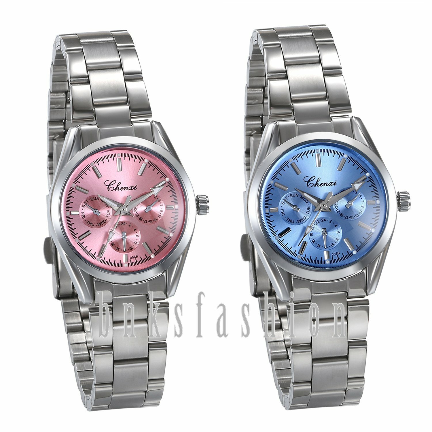 Women Girls Fashion Pink/Blue Dial Stainless Steel Band Quartz Dress Wrist Watch