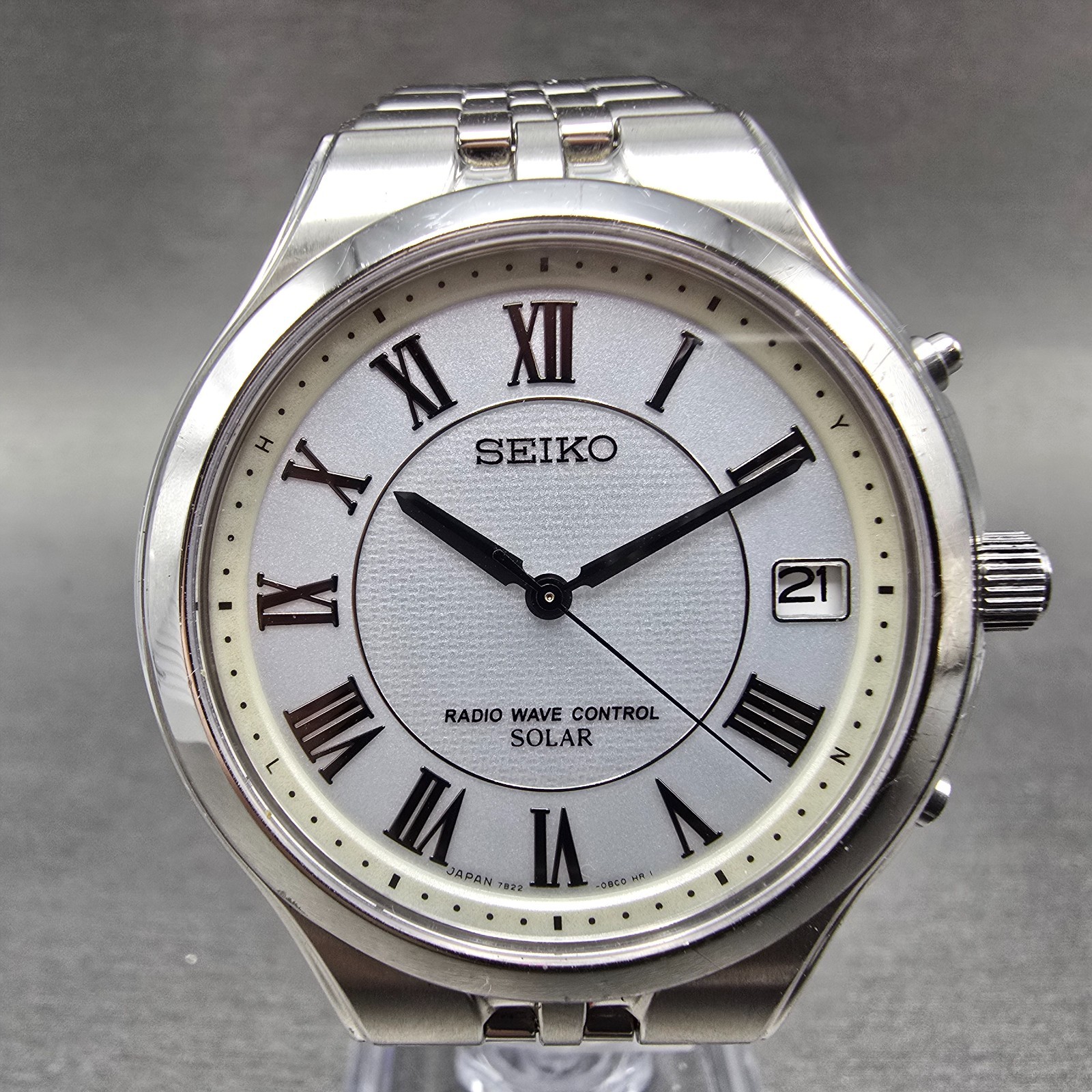 Seiko Solar Watch Men 38mm White Dial Silver Tone Date Atomic 7B22-0AM0 READ!!!!