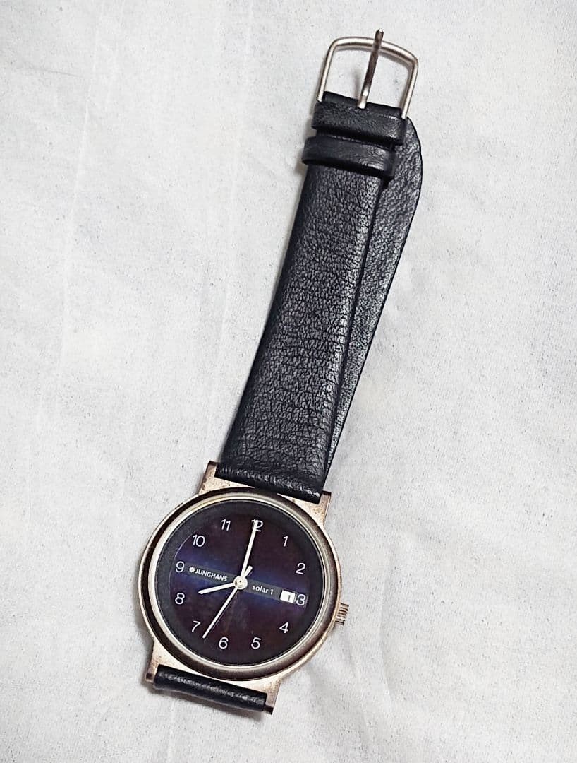 Junghans Vintage Solar Watch Used Black Band Navy Dial 23cm Collectible