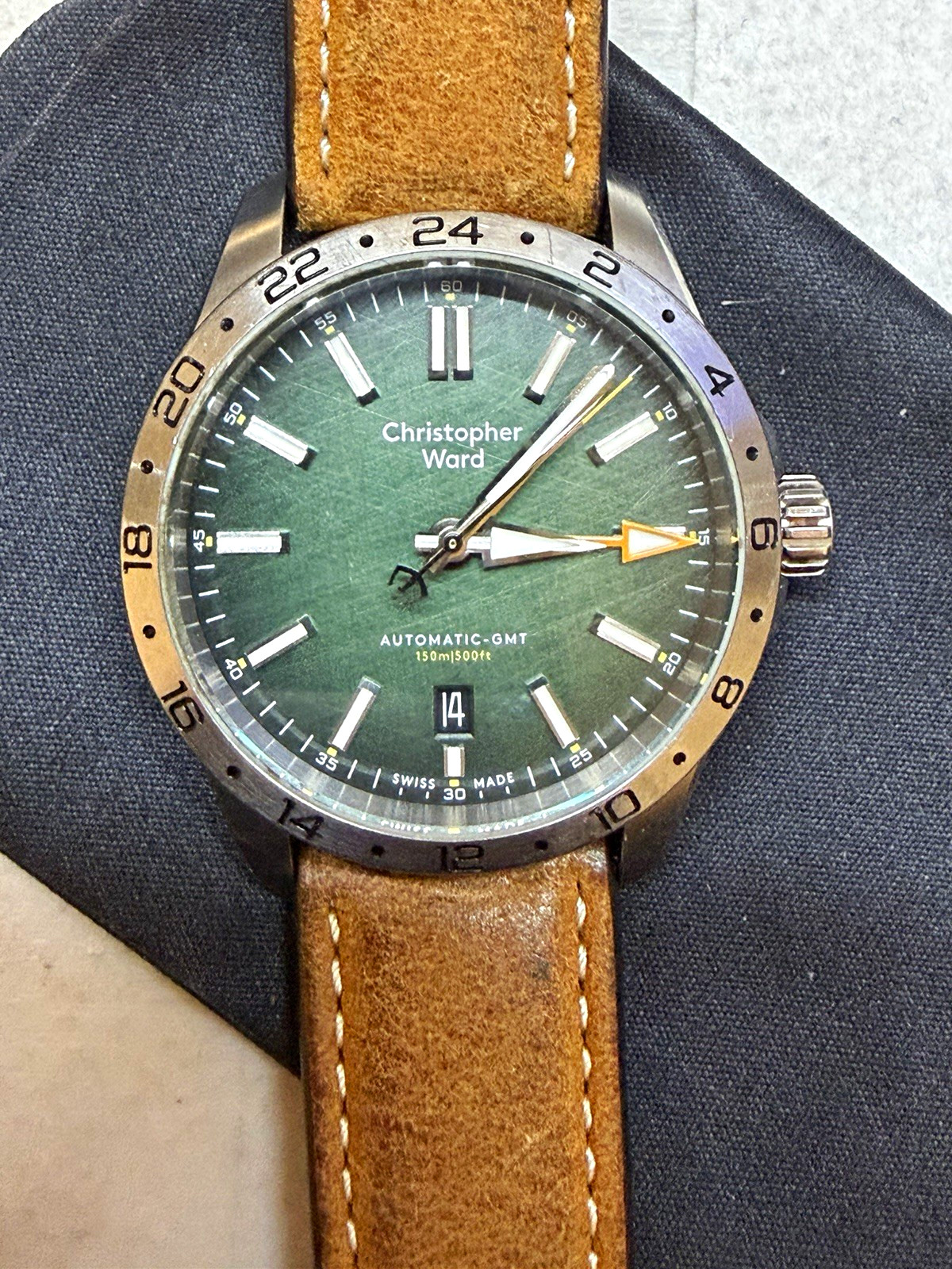 Christopher Ward C63 Sealander GMT Automatic 39mm Green on Brown Leather SW330-2