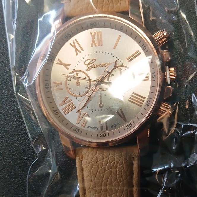Geneva Platinum Quartz Chronograph Watch Silver Roman Dial Rose Gold Beige Strap