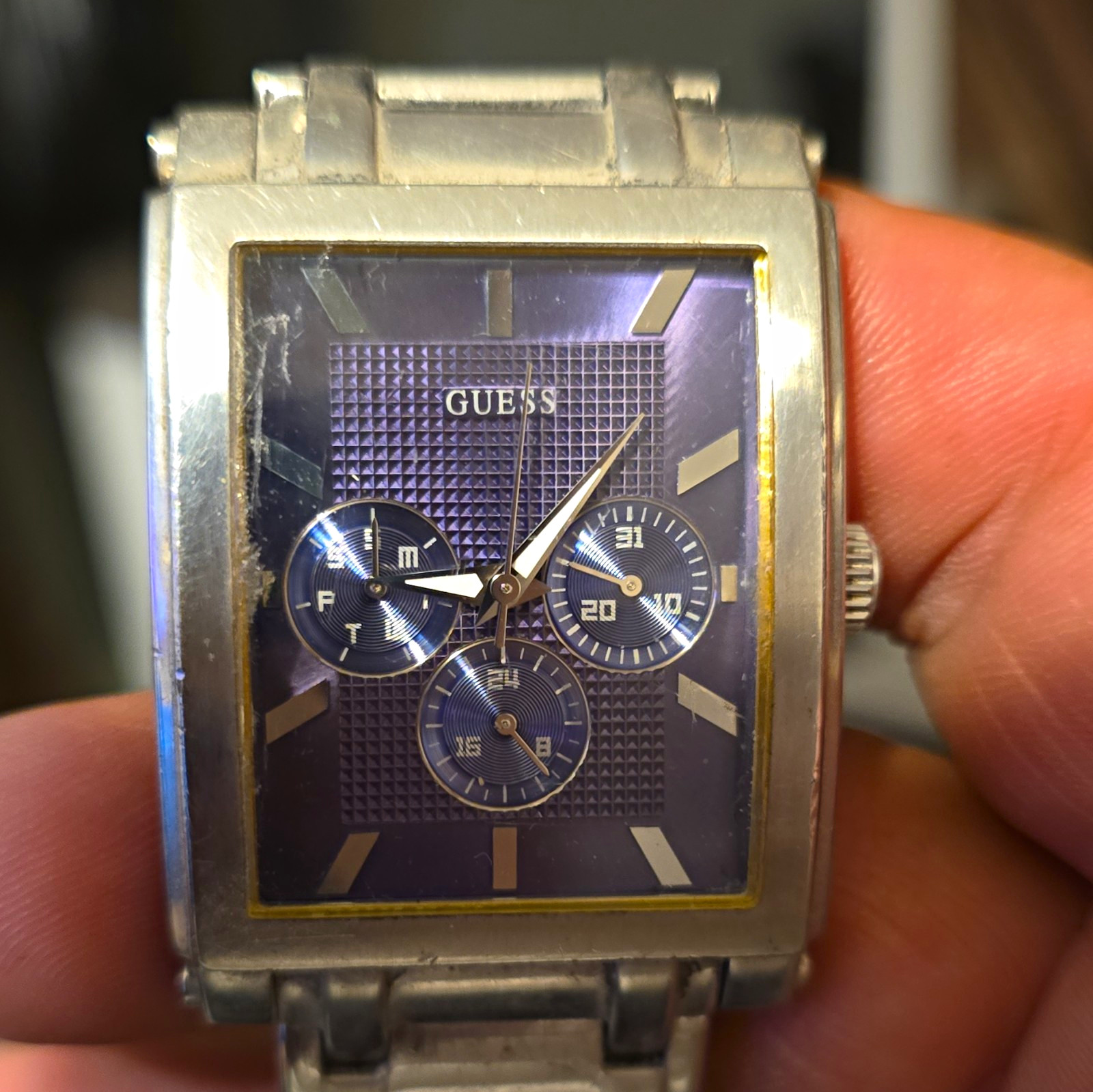 GUESS Men’s Rectangle Blue Dial Chronograph Quartz SS Bracelet Watch 50m