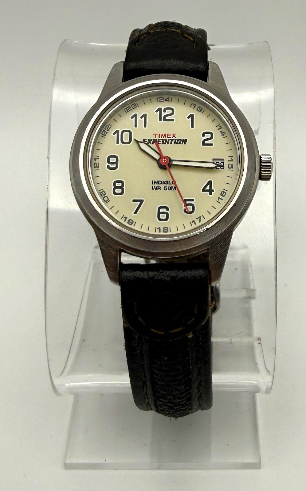 Timex Expedition Quartz Date 50m White Dial Silver Case Black Leather Strap