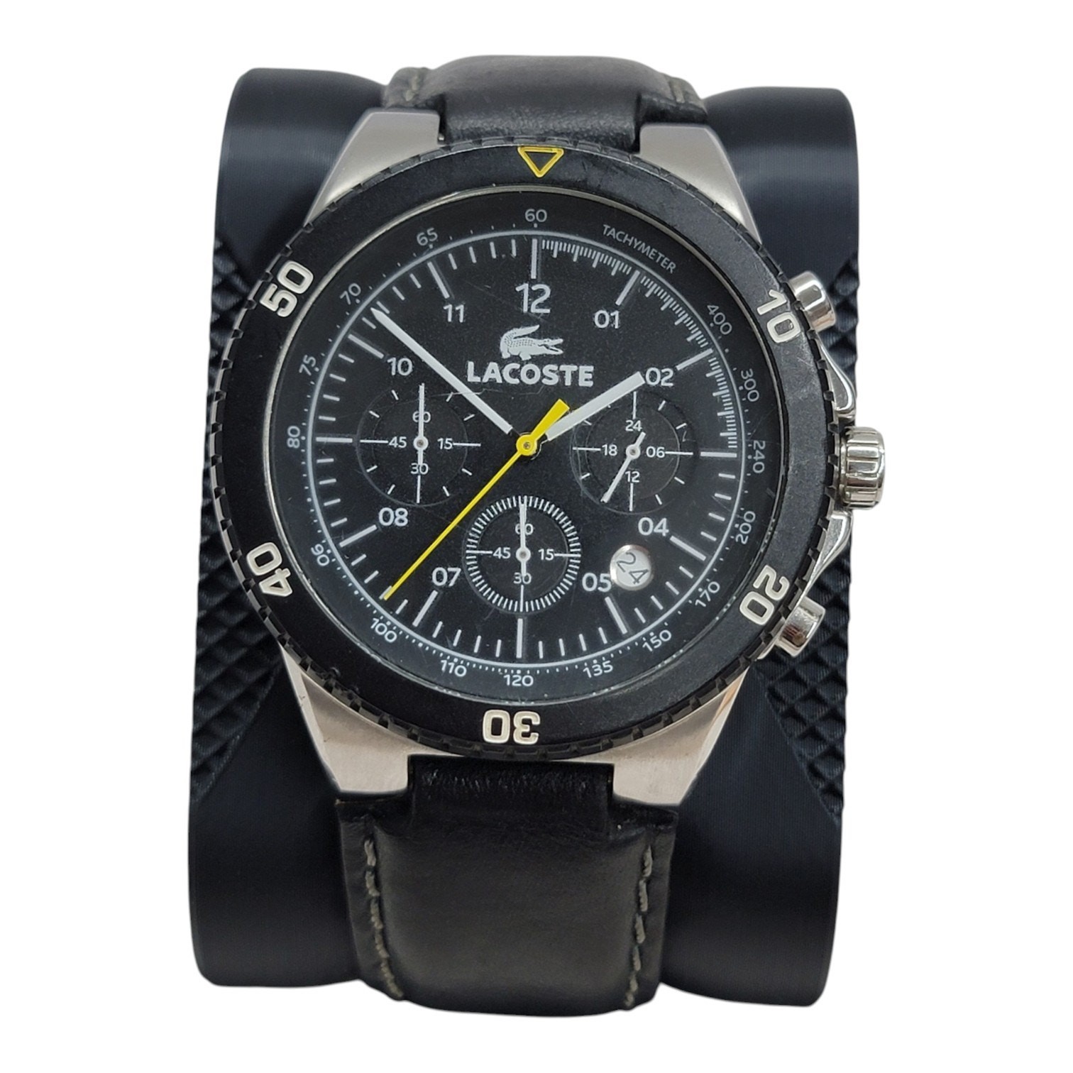 Lacoste Chronograph Mens Watch Black Dial Tachymeter Black Leather Band Works