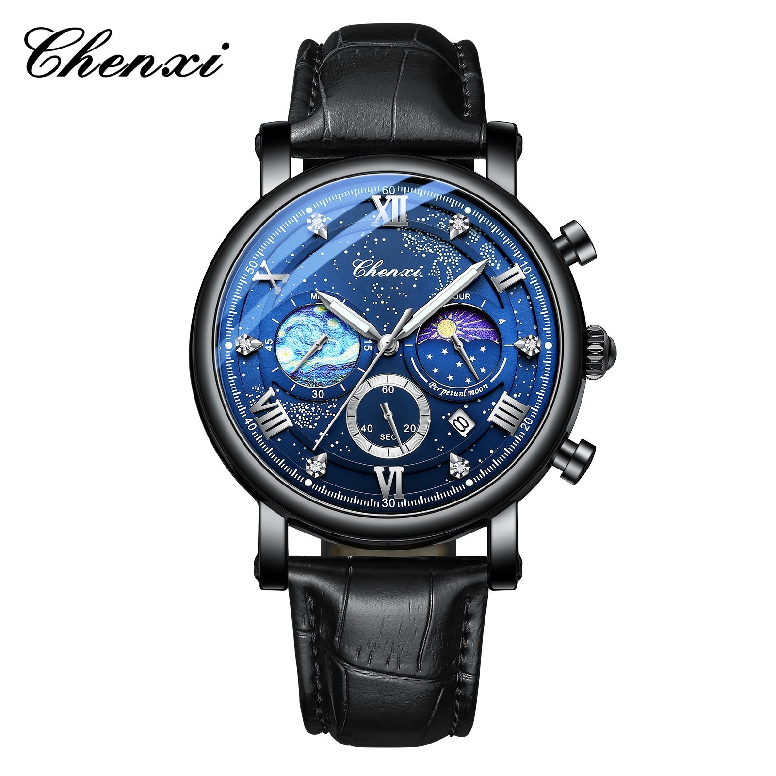 CHENXI Men’s Luminous Dial Calendar Chronograph Moon Phase Business Quartz Watch