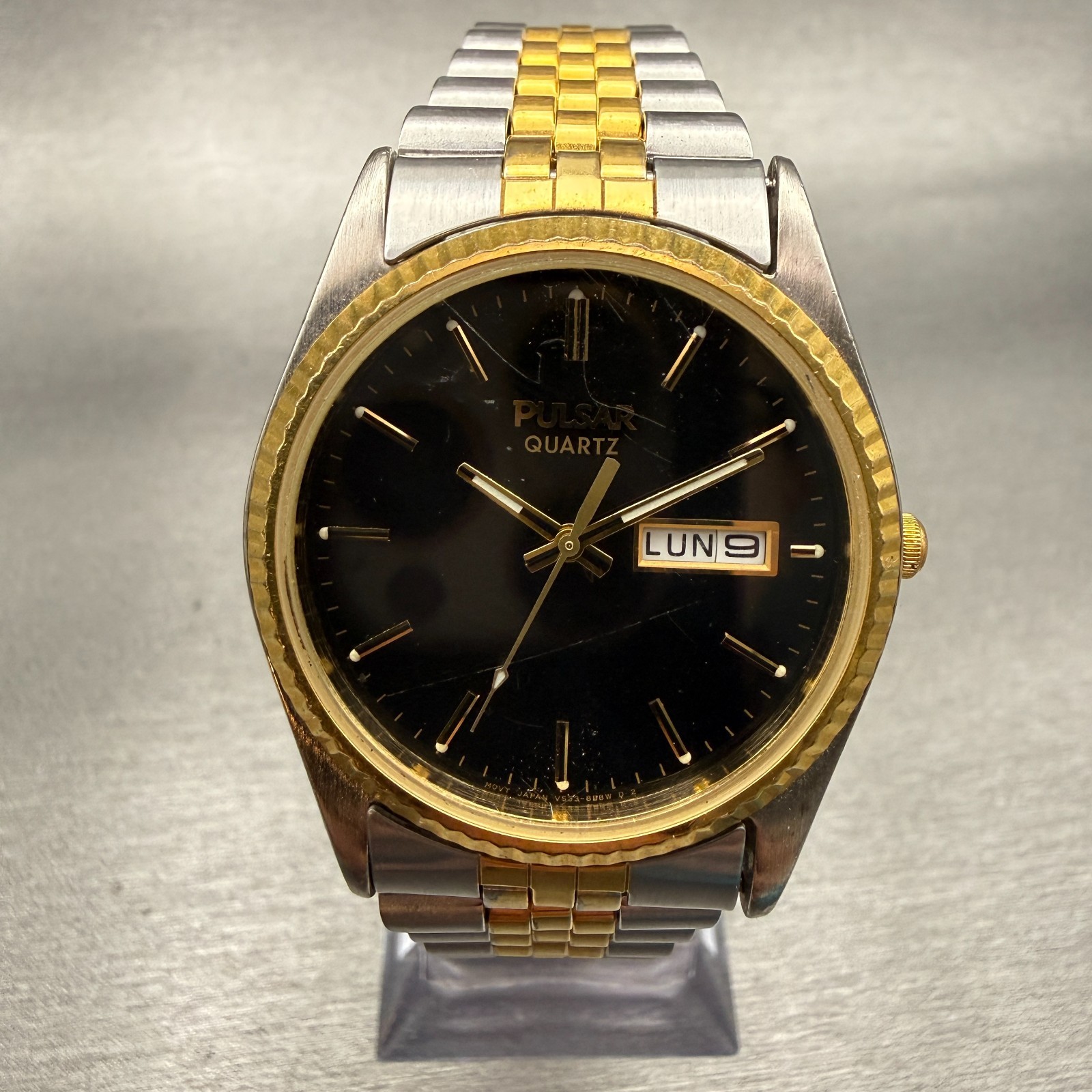 Pulsar President Watch Men 35mm Black Dial Two Tone Daydate V533-8B50 New Batt