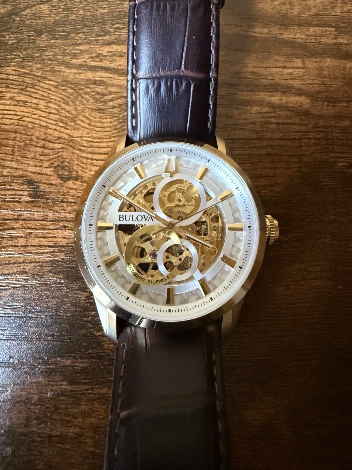 Bulova Men’s Classic Sutton Automatic Skeleton Brown Leather Watch 97A138