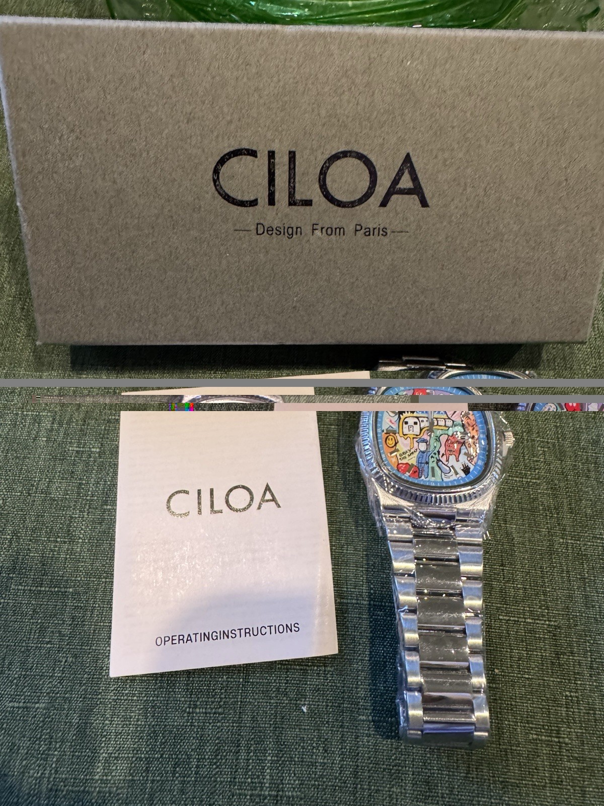 CILOA Painted quartz analog wristwatch date 42mm multicolor dial silver band